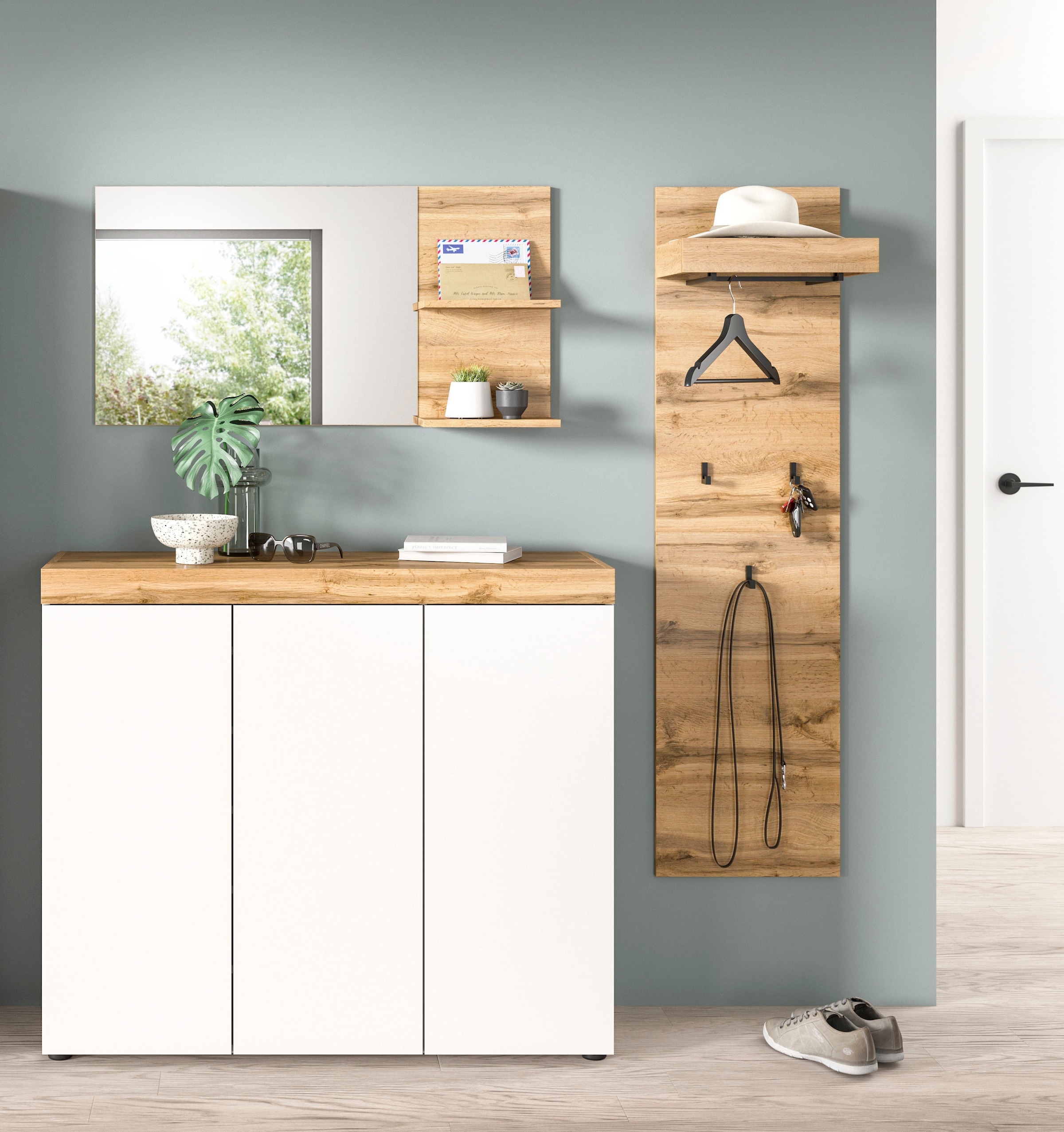 GOODproduct Garderoben-Set »MAMBO, 3-teilige Kombination, stehend & hängend montierbar« bestehend aus: Kommode, Spiegel, Garderobenpaneel, 3 Stk. tlg.
