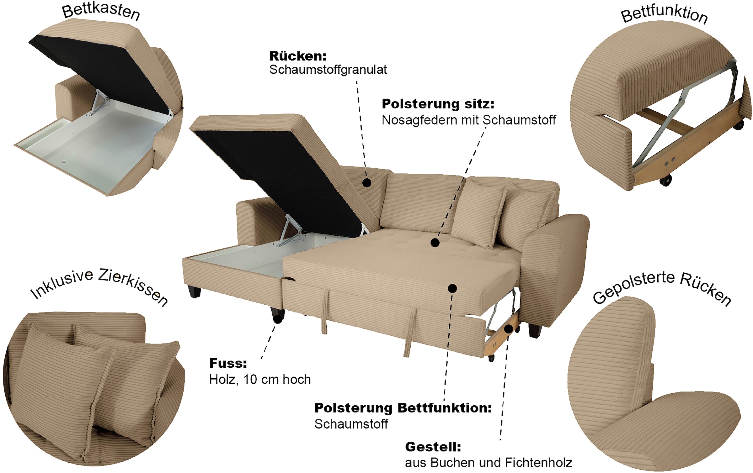 Trends by HG Canapé d'angle »Moritz L-Form, B: 265 cm« mit Bettfunktion, Bettkasten & Zierkissen
