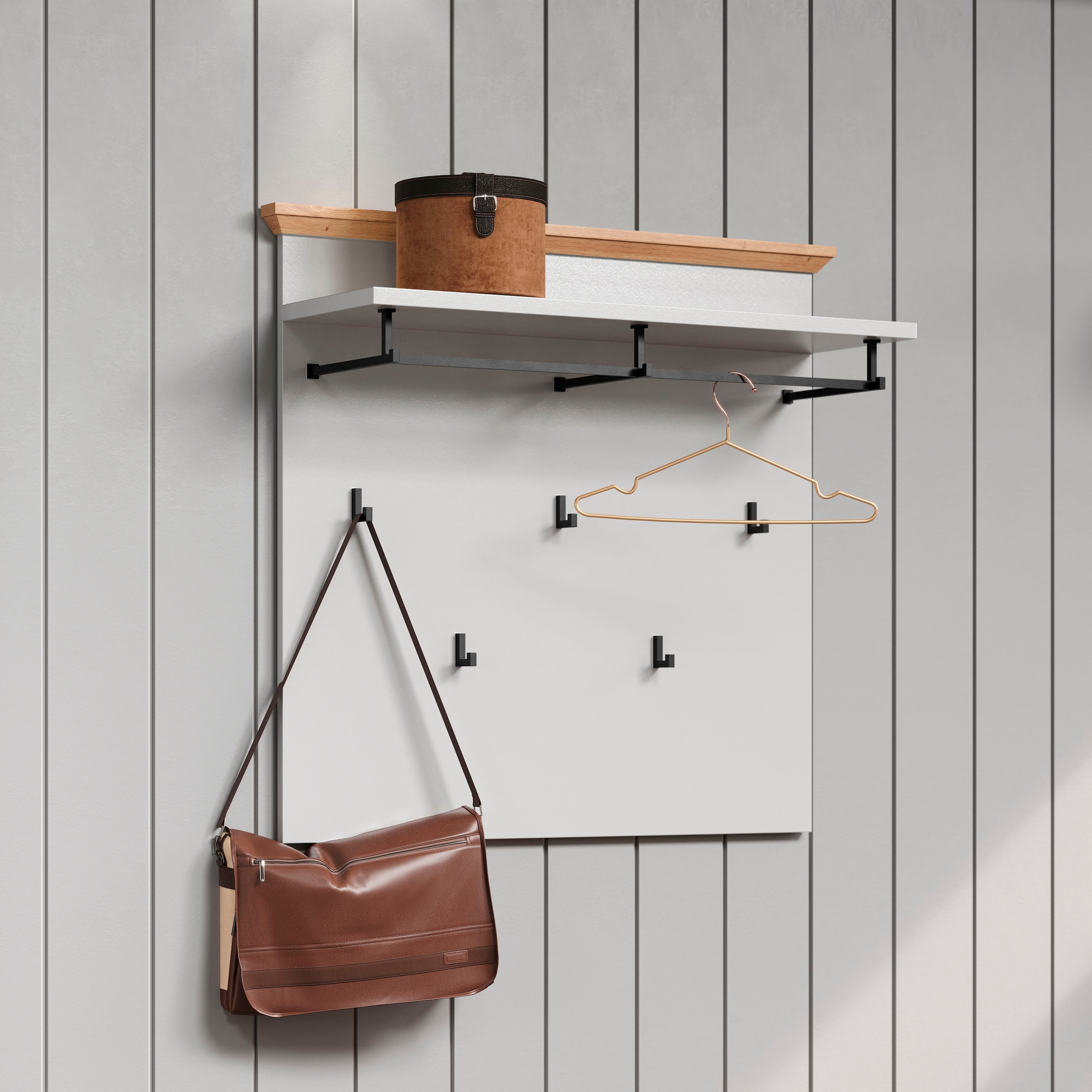 Home affaire Panneau de vestiaire »Herzwill« 1 cuis tlg. Wandpaneel, Masse B/H/T ca.: 91/49/41 cm in hellgrau und Eiche NB
