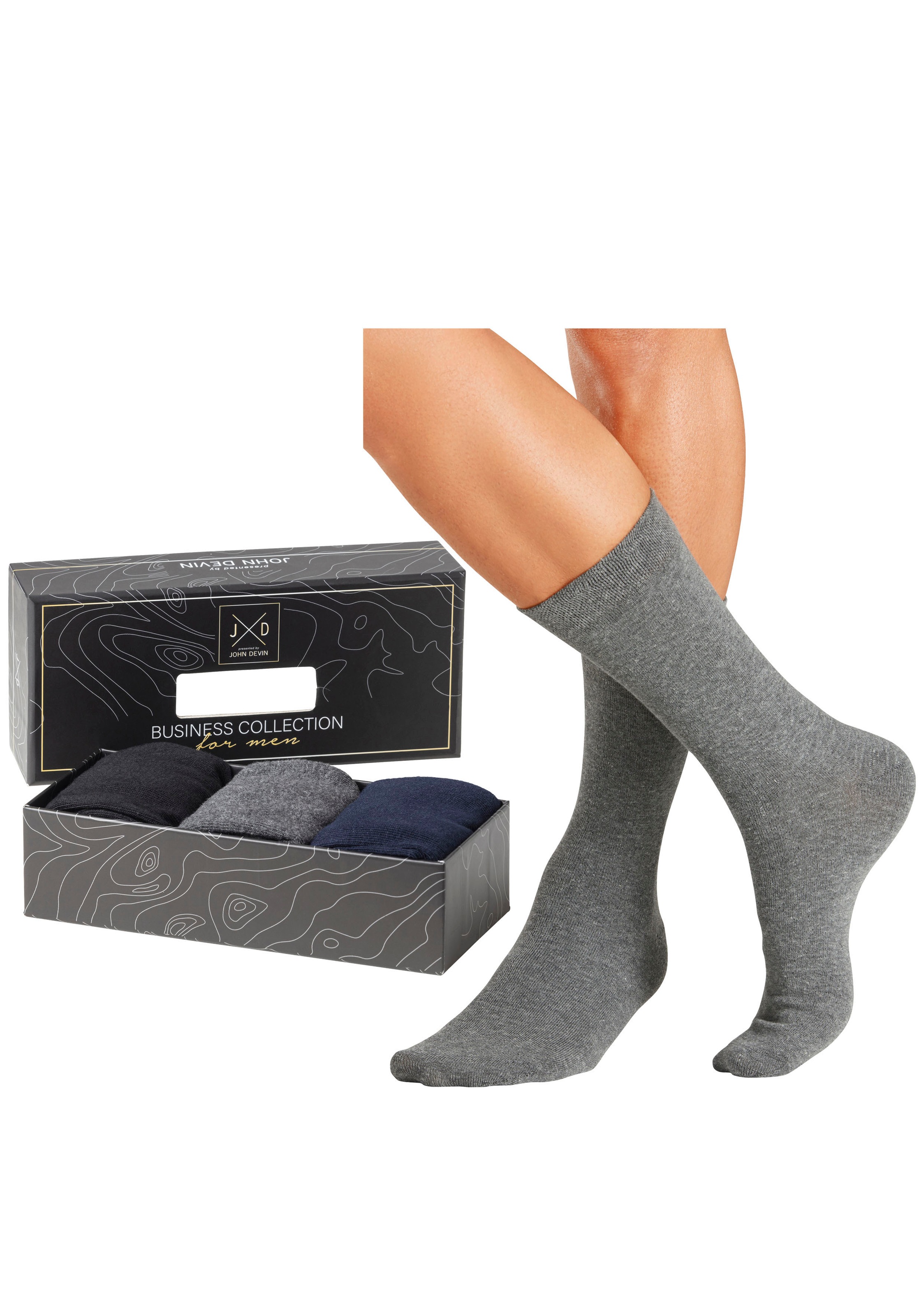 John Devin Chaussettes d'affaires Packung, 3 cuis tlg. mit längerer Schaftlänge, verpackt in einer Box