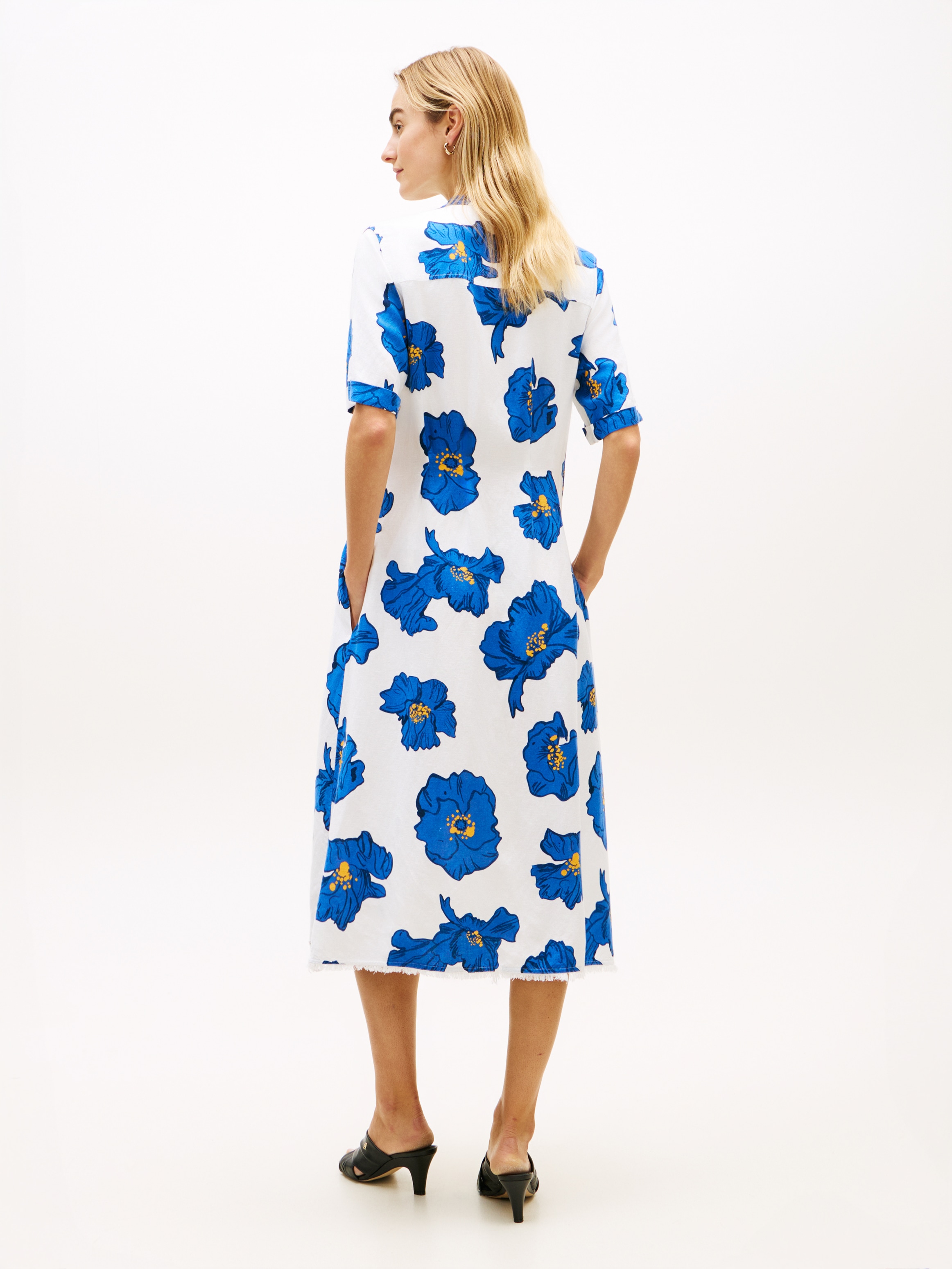 Tommy Hilfiger Robe midi »FRAYED VIS/LINEN SHORT SLEEVE SHIRT DRESS« Poches pour les mains Mélange de lin, avec poches latérales