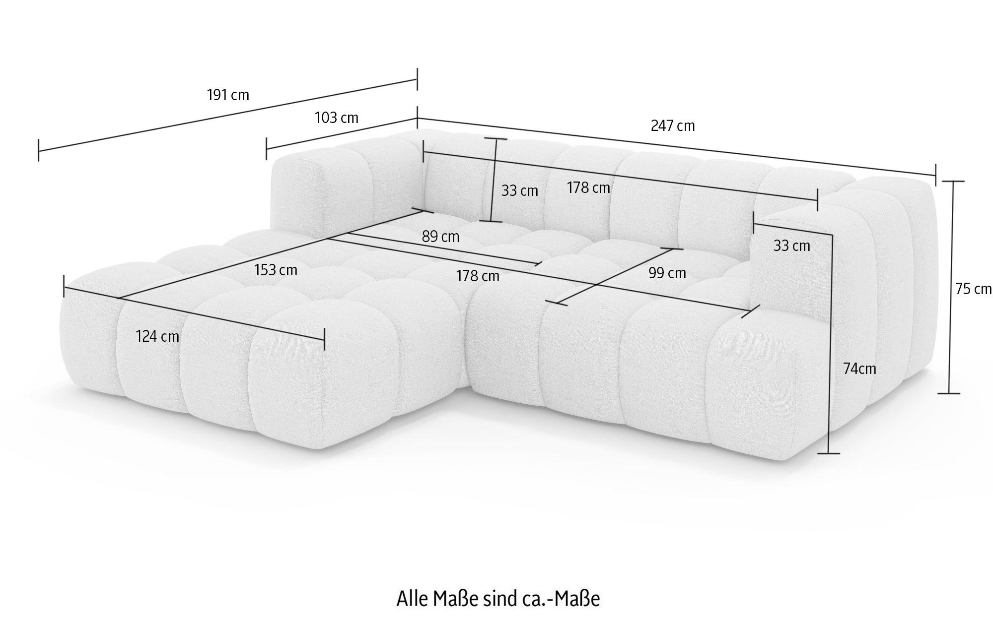 homsy by Ana Johnson Ecksofa »»XL« BOUBELLE L-Form extra tief, Design: Bubble-Optik, Breite 247cm« hoher Sitzkomfort dank Wellenunterfederung, XL Sitztiefe 100 cm