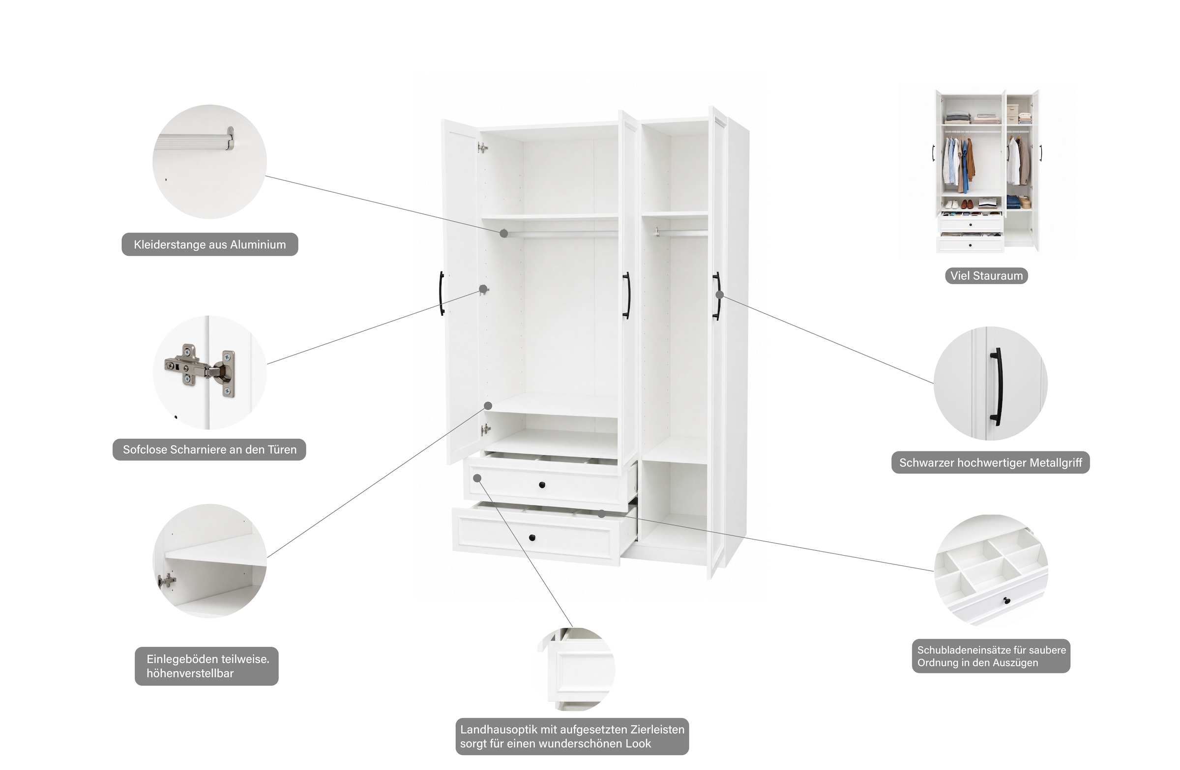 GOODproduct Kleiderschrank »Arrian 120 cm Weiss | 3-türiger Drehtürenschrank im Landhausstil« Zeitloses Landhausdesign trifft auf durchdachte Stauraumlösungen