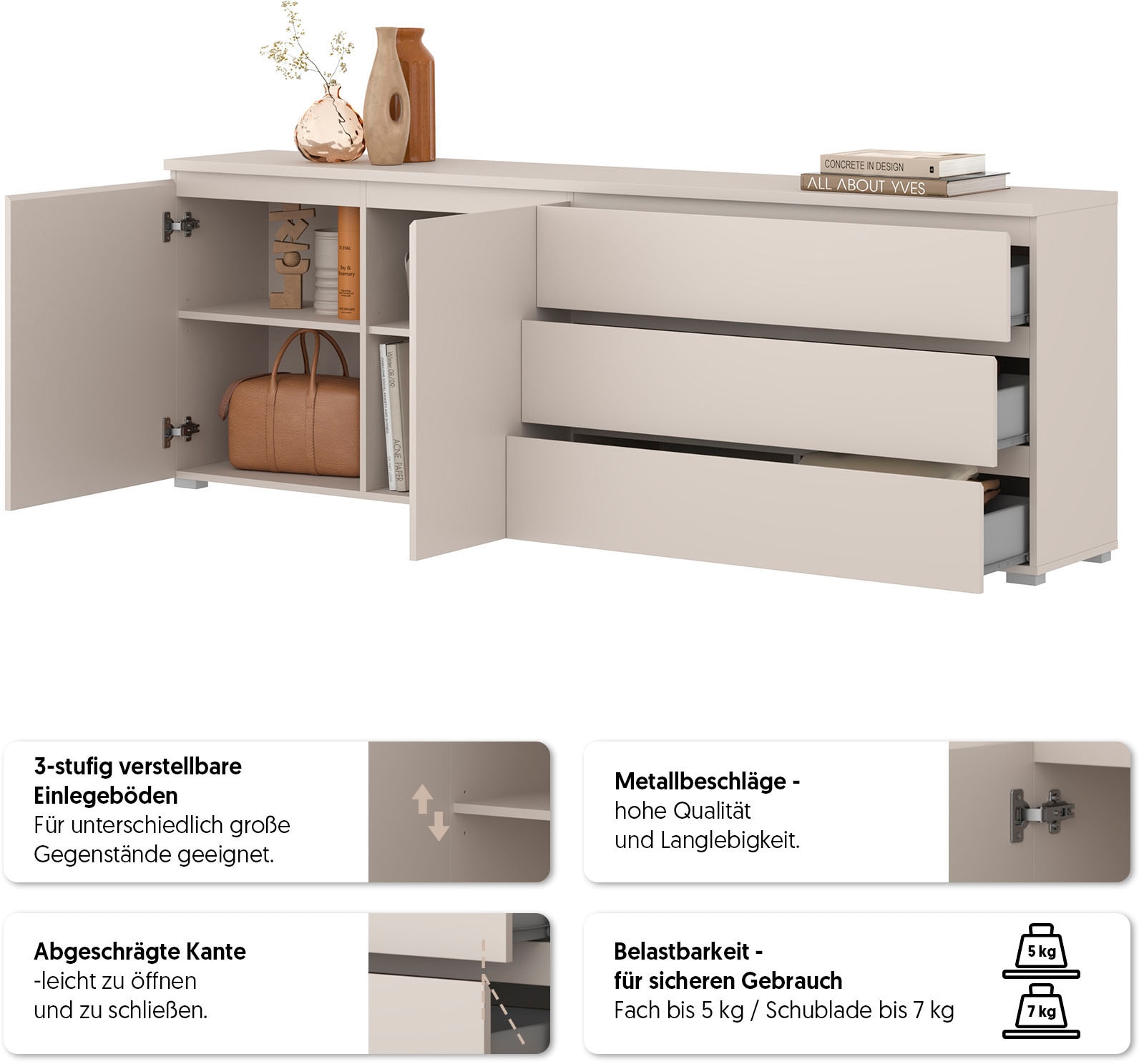 GOODproduct Buffet »Modo, Breite 200 cm, moderne grifflose Kommode 2Türen/3 SK« Schubladenkommode mit viel Stauraum, Einlegeböden verstellbar