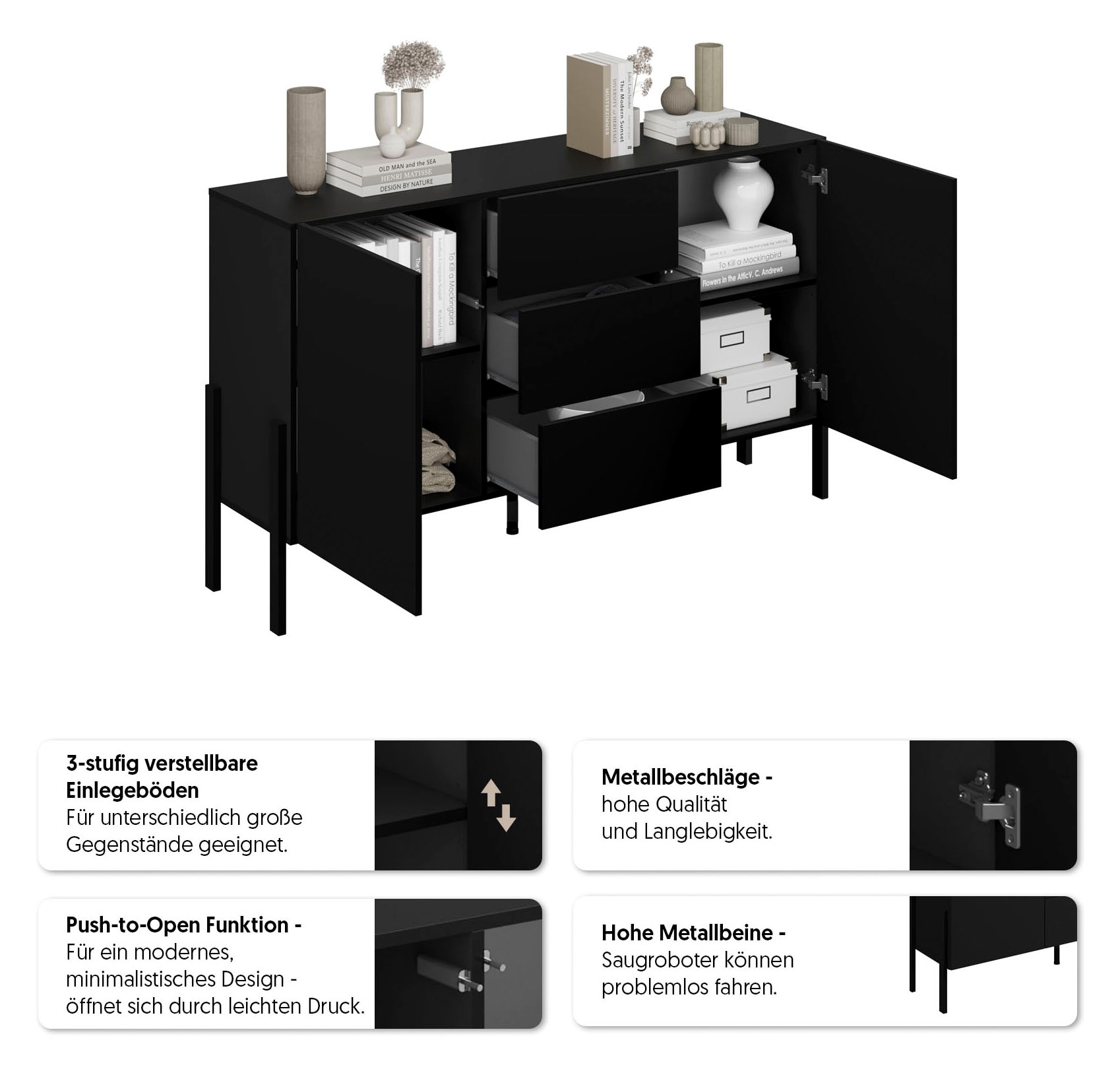 GOODproduct Sideboard »Jukon, Breite 150 bzw.180 cm, moderne grifflose Kommode« Schubladenschrank 2 Türen/3 Schubkästen, push-to-open-Funktion