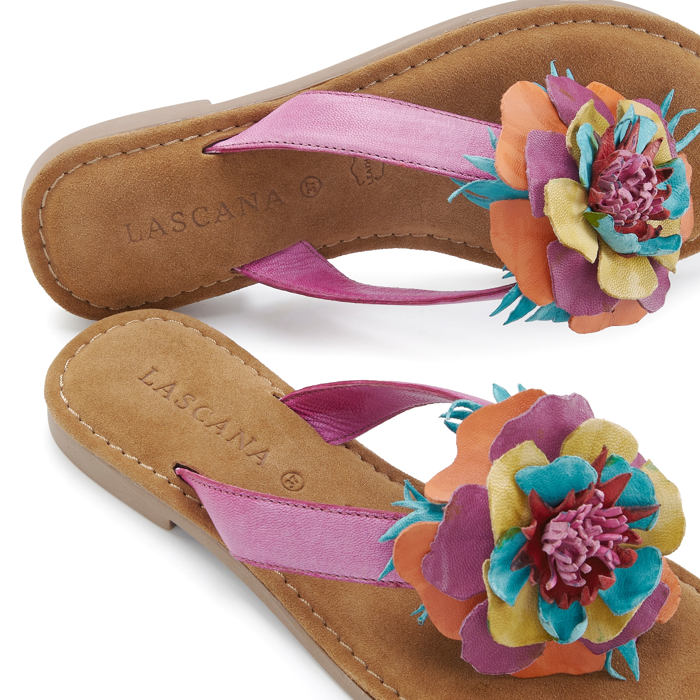 LASCANA Pantolette »Sommerschuh, offener Schuh, Mule, Sandale,«  NEU aus Leder mit raffinierter Blumen-Applikation