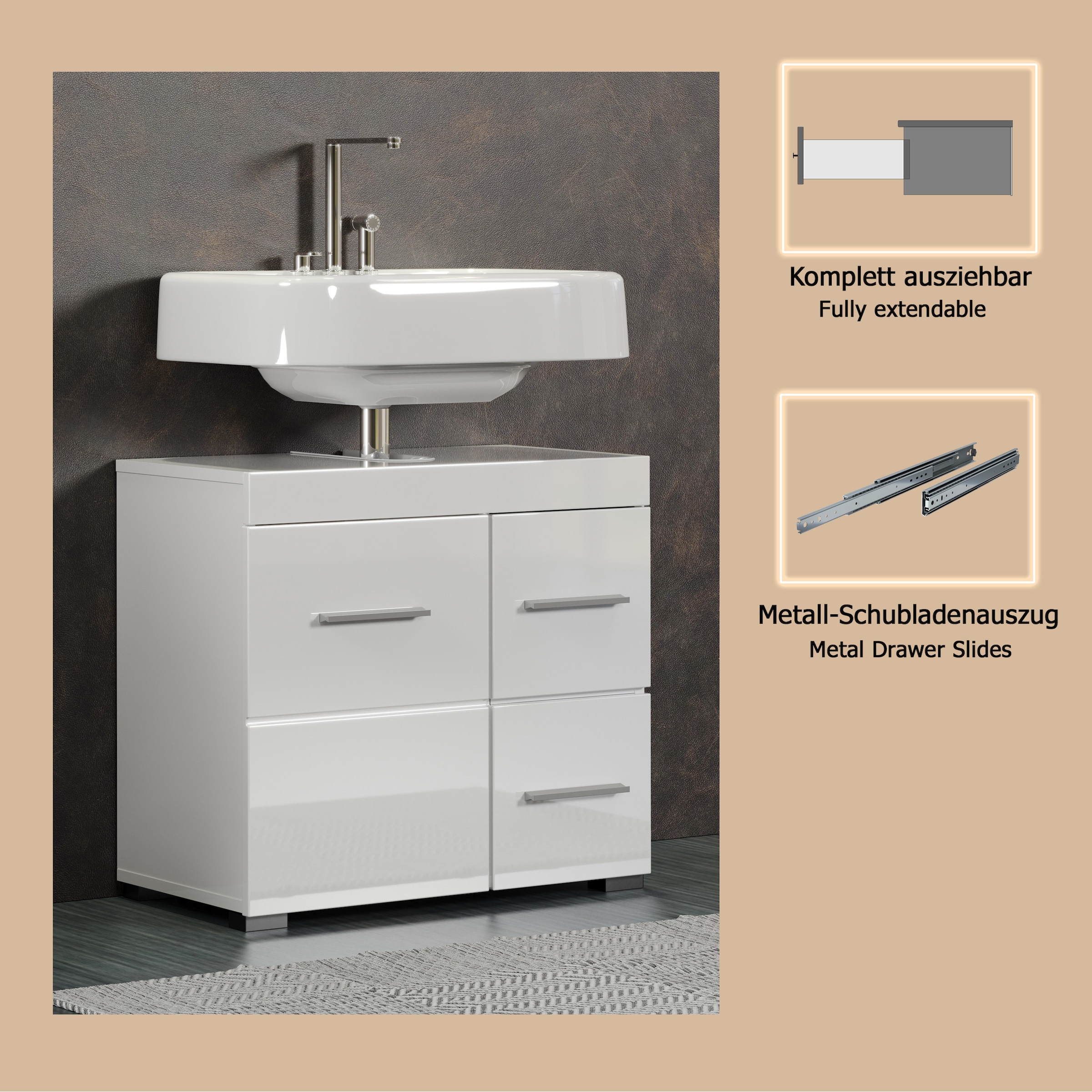 welltime Armoire sous lavabo »Avena« 1 cuis tlg. Badezimmerschrank mit Tür & Schubkästen – (B/T/H) 60/34/56 cm