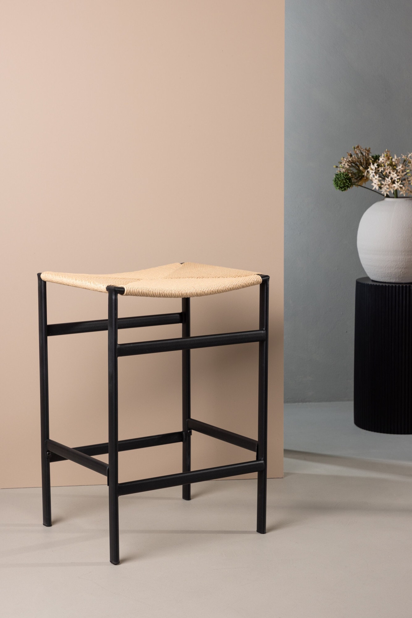 Venture Home Tabouret de bar »Polly, 2er-Set Barhocker mit Seil-Sitz, Stahlbeine, 120 kg« Ensemble, 2 cuis tlg. tabouret de bar, tresser, bois de caoutchouc, cadre en acier, bohème