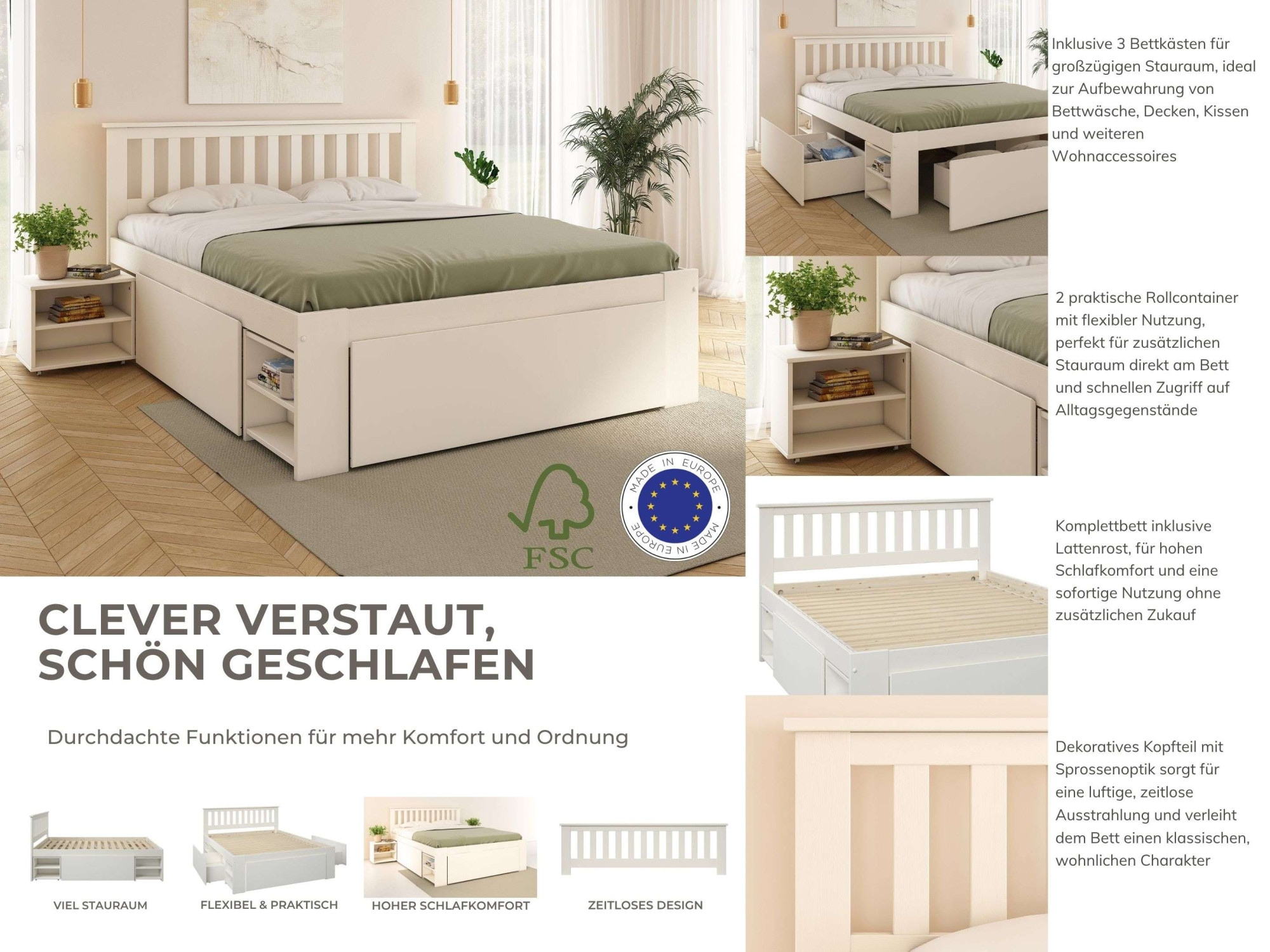 GOODproduct Lit en bois massif »Kallvin, platzsparend, 3 Bettkästen, Nachtschränke ausziehbar« comprend un sommier à lattes, 3 coffres de lit, certifié FSC®