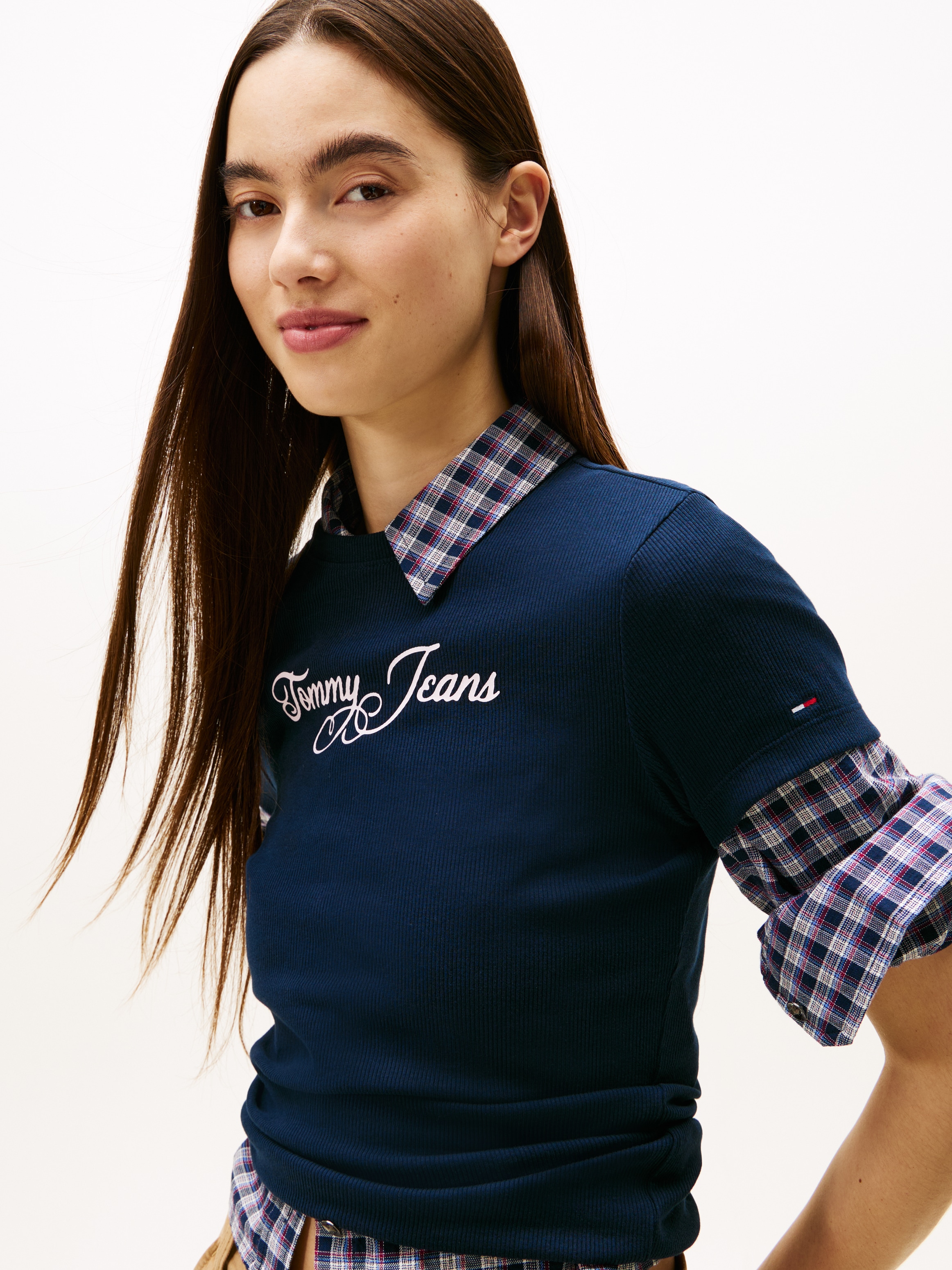 Tommy Jeans T-shirt à manches courtes »TJW SLIM ESS LOGO 1 RIB TEE EXT« in gerippter Struktur