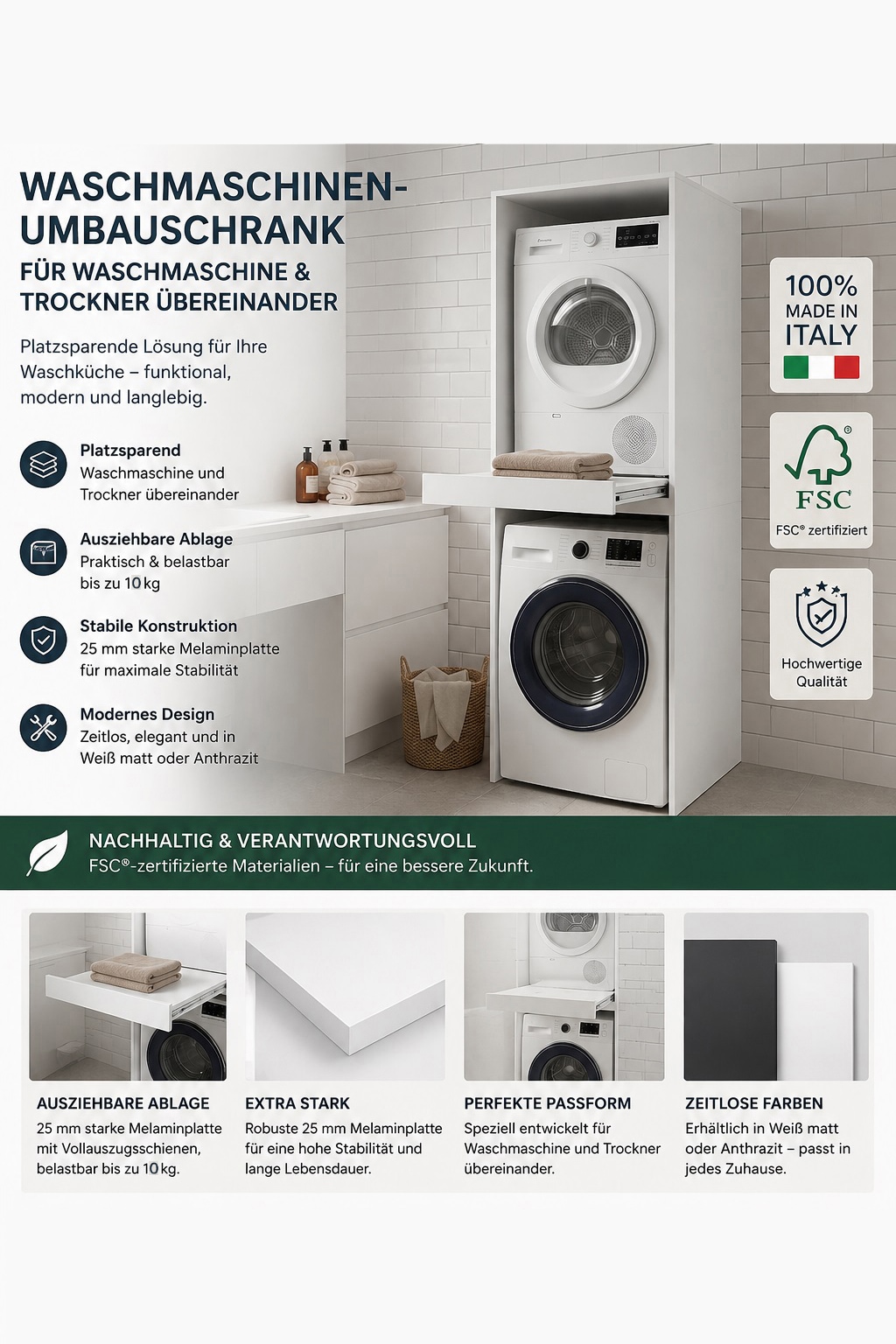 KOCHSTATION Armoire pour machine à laver »KS-Linda« largeur 67 cm, parois de 25 mm d'épaisseur, tablette extensible