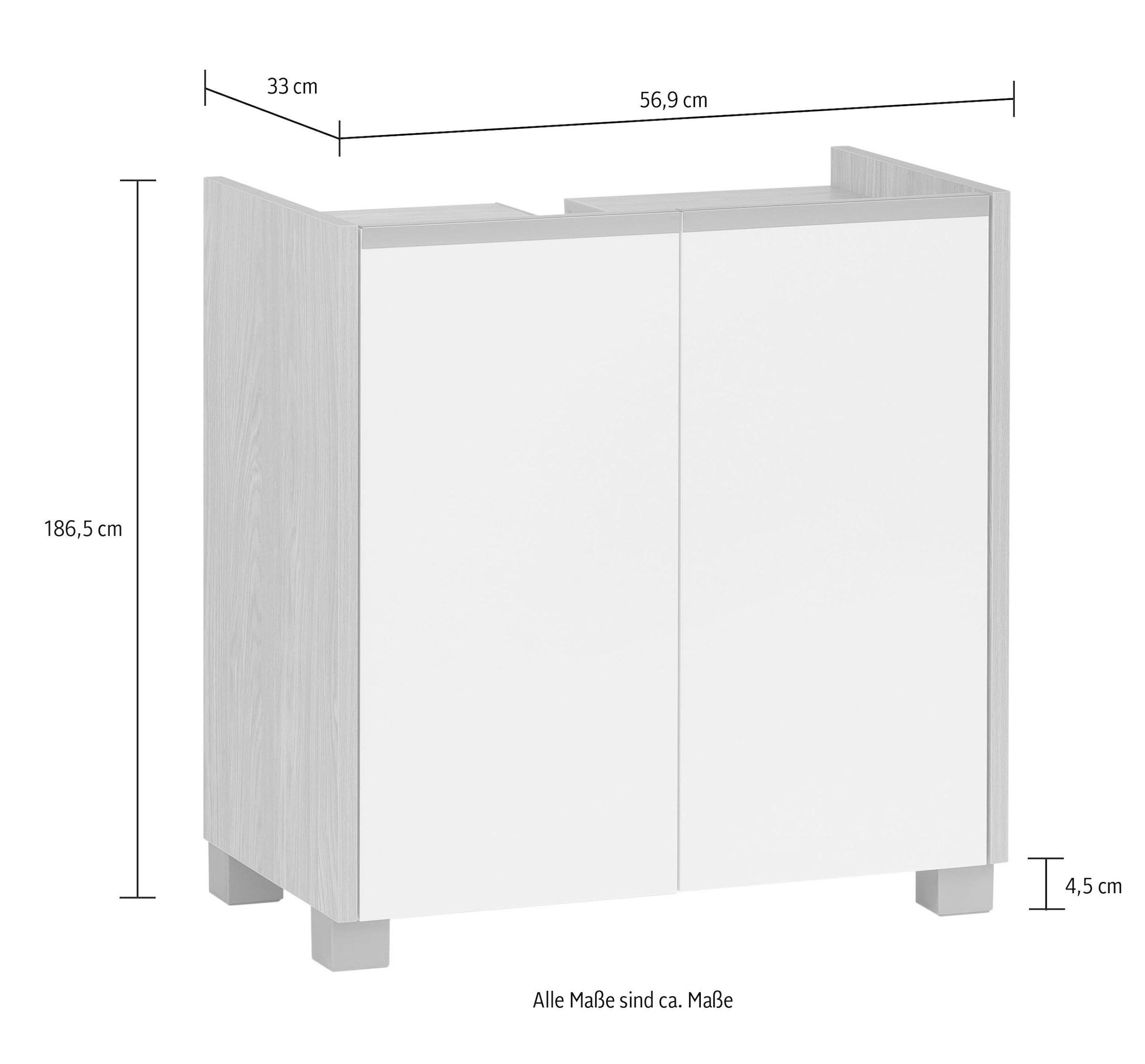 welltime Waschbeckenunterschrank »Juba Breite 56,9 cm« Eiche Hell Dekor mit fühlbarer Holzstruktur, Beschläge aus Metall