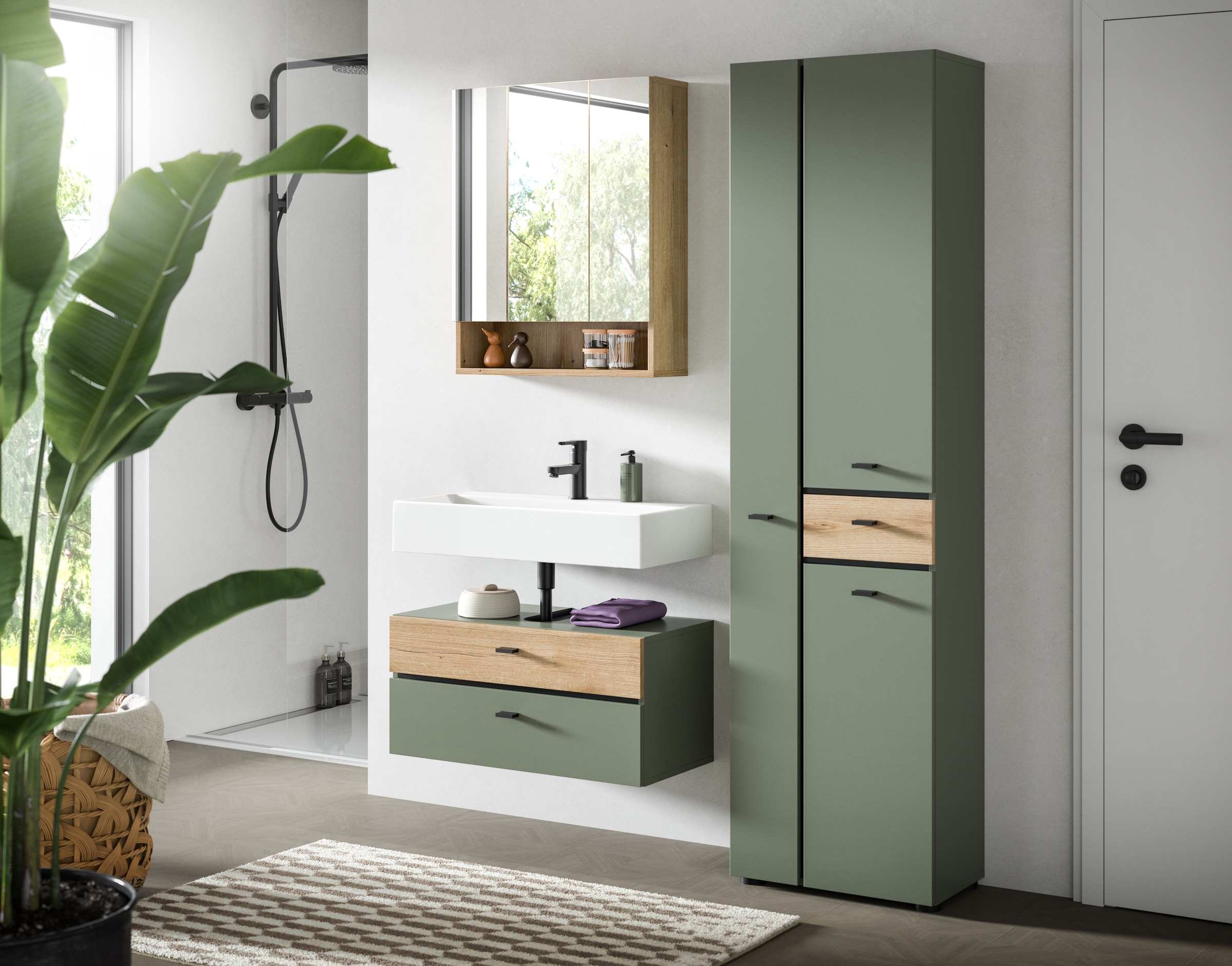 welltime Ensemble de meubles de salle de bain »VANN, 3-teilige moderne Badkombination, individuell stellbar« 1x Waschbeckenunterschrank, 1x Spiegelschrank, 1x Hochschrank, 3 cuis tlg.