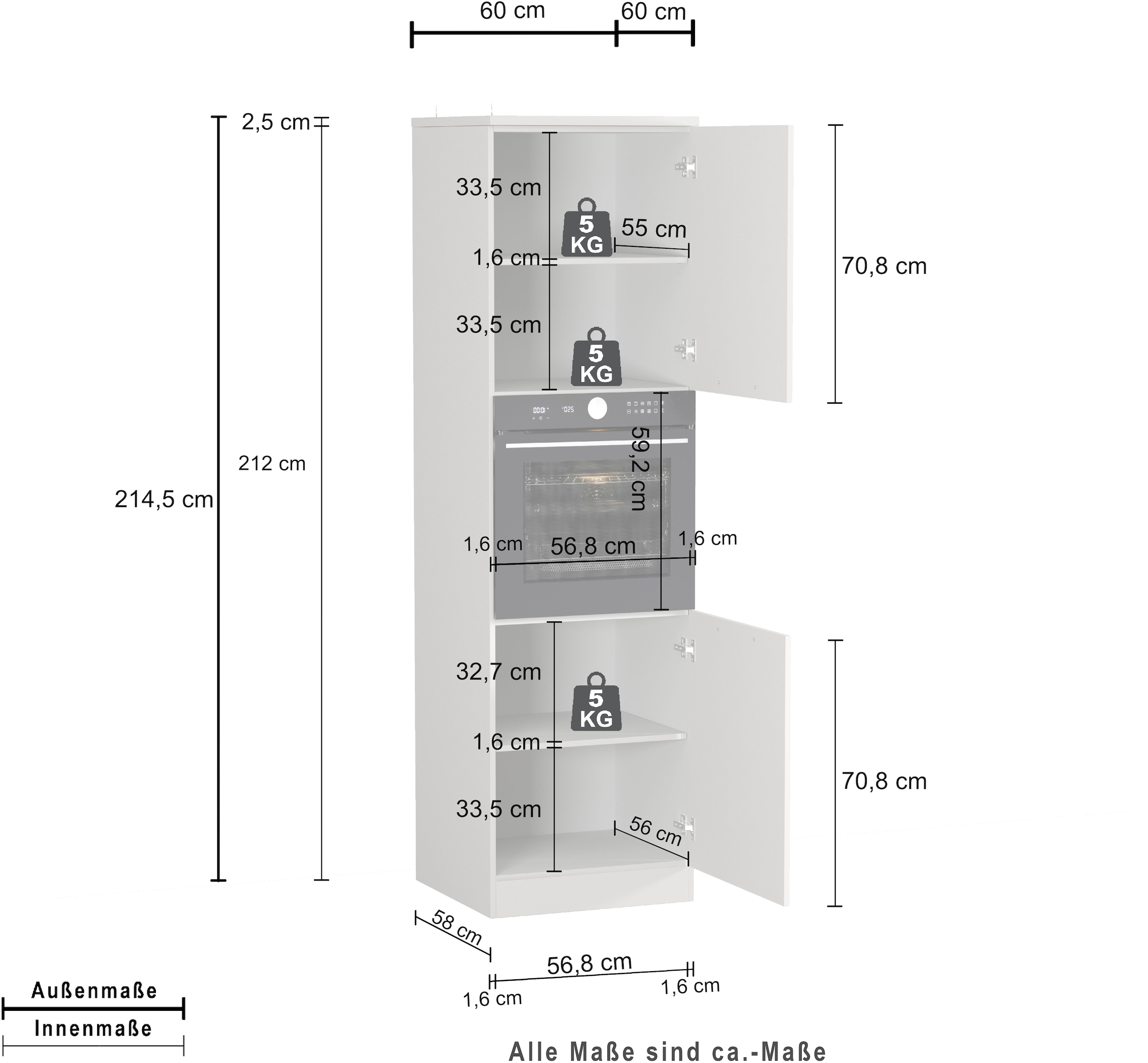 KOCHSTATION Armoire d'encastrement pour four »Luna, Backofenschrank, Backofen-Hochschrank, Made in Italy« B/T/H: 60×60×214,5 cm, Oberplatte mit 25 mm Stärke