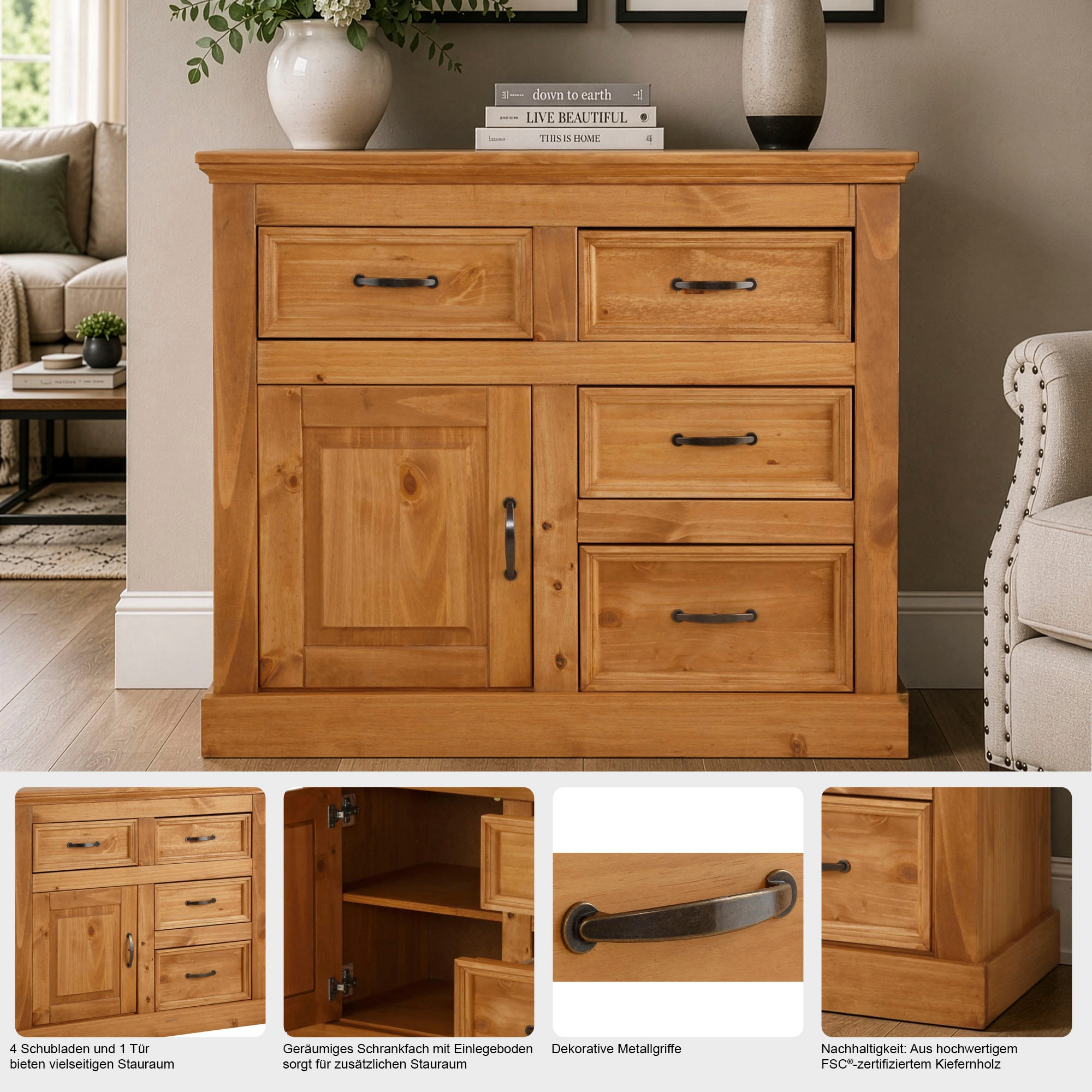 GOODproduct Buffet »Selma Kommode mit 1 Tür, 3 Schubläden und 2 Fächer, Metallgriffe« en bois de pin massif, grain naturel, largeur/hauteur 100/87 cm