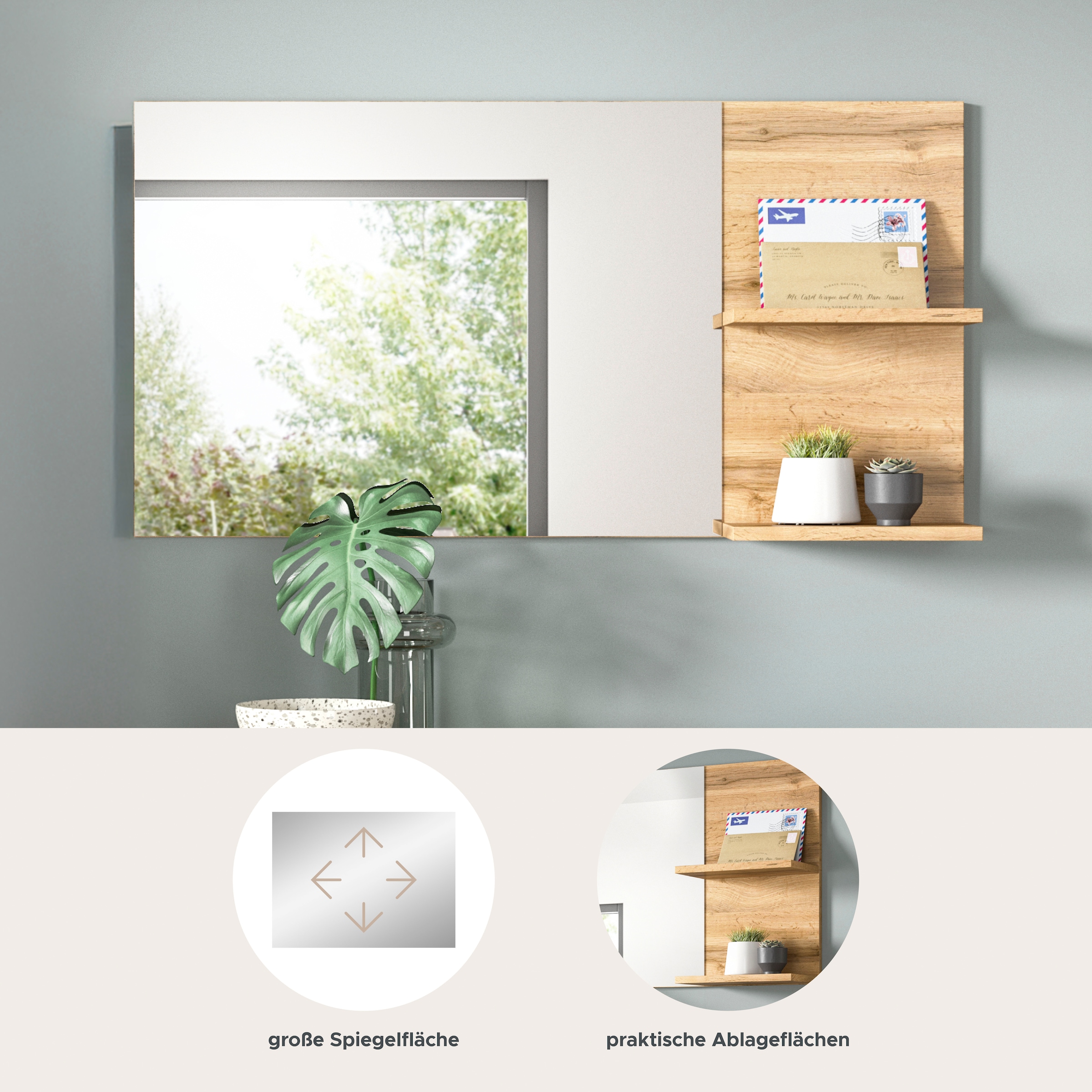 GOODproduct Miroir »MAMBO II, Breite 99cm, 2 Ablageböden, grosse Spiegelfläche« miroir de vestibule, couloir, entrée, miroir avec tablette, panneau miroir
