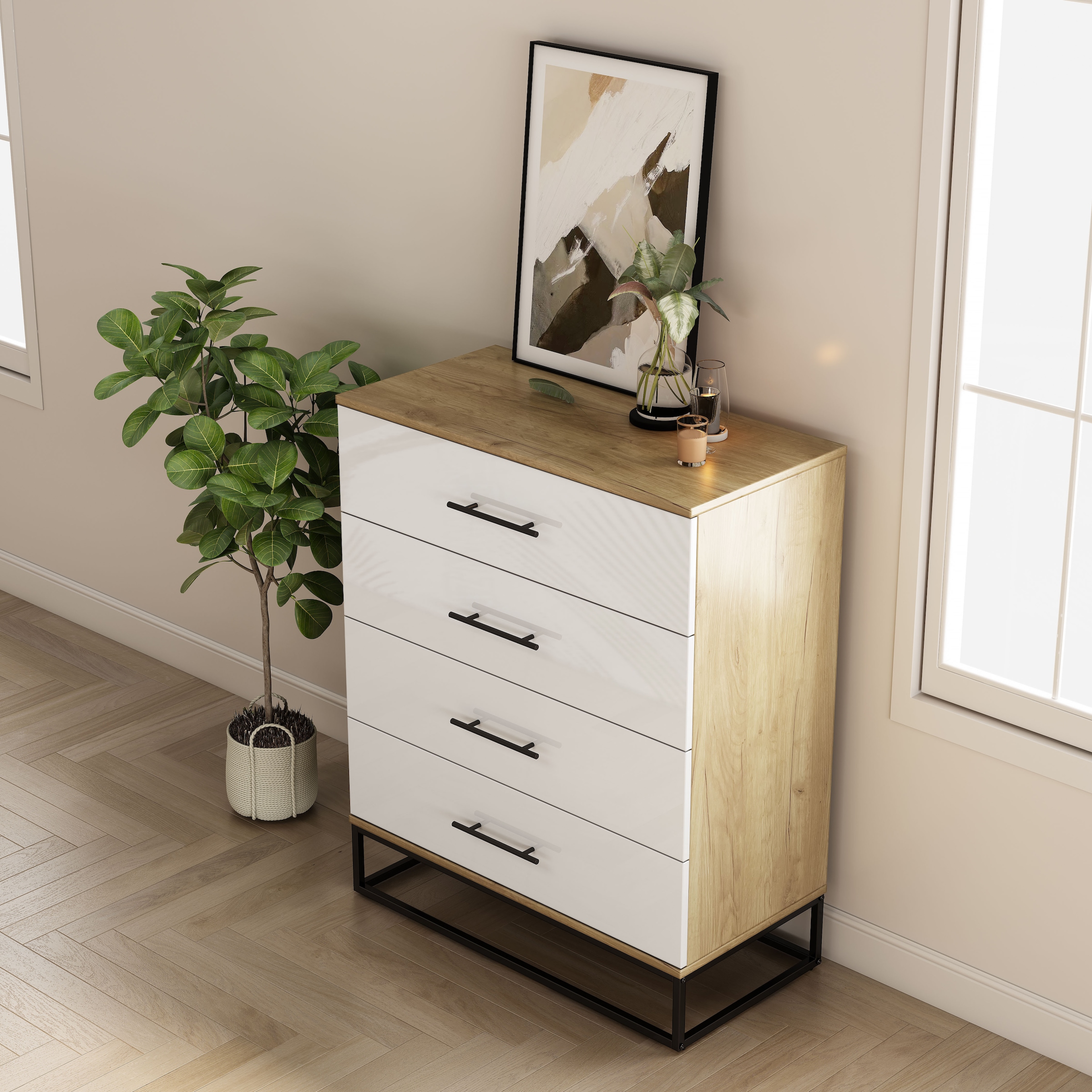 GOODproduct Schubkastenkommode »Lucca Sideboard mit schwarzen Griffen 4 Schubladen Kufengestell« Hochwertige Hochglanzfronten in weiss, 