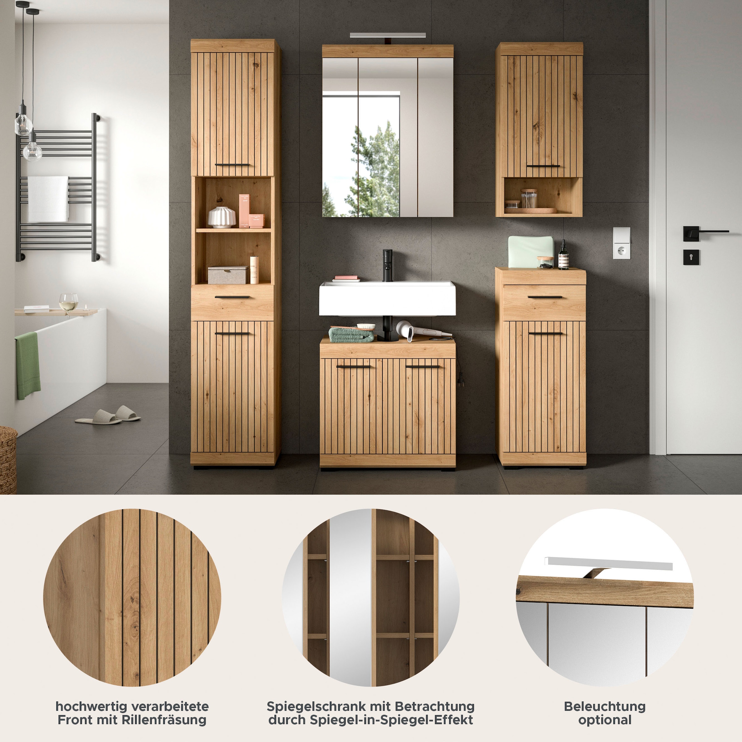 welltime Badmöbel-Set »SIENA, 5 teilig, inklusive LED Beleuchtung, bestehend aus:« Set, TOPSELLER!, 5 Stk. tlg.