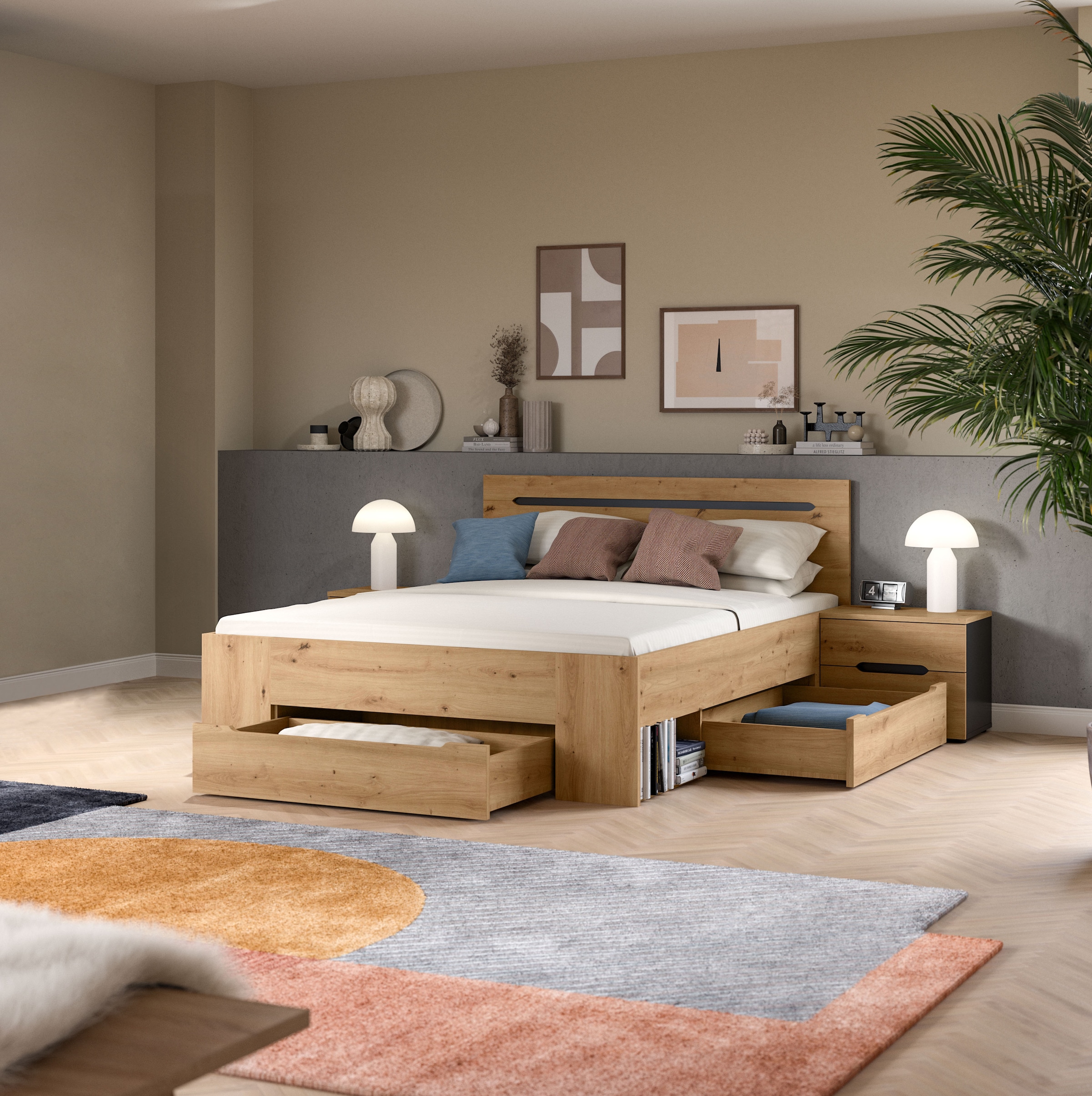 Home affaire Ensemble de chambre à coucher »REHAT, 3-teilig, bestehend aus: Stauraumbett & 2x Nachtkommode« TOPSELLER!, für Matratzengrösse 140x200 cm, viel Stauraum, 3 cuis tlg. Rehat, Schlafzimmerset, Bett 140x200 cm, 2 Nachttische