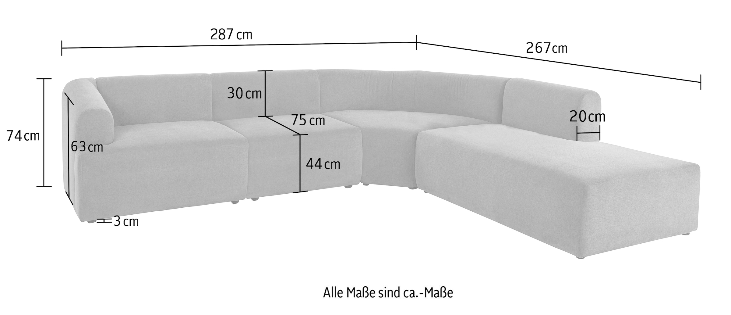 LeGer Home by Lena Gercke Ecksofa »LYZA L-Form links/rechts, Modularsofa "XL", Masse B/T/H: 287/267/74 cm« aus 4 Modulen, zusammen oder einzeln stellbar