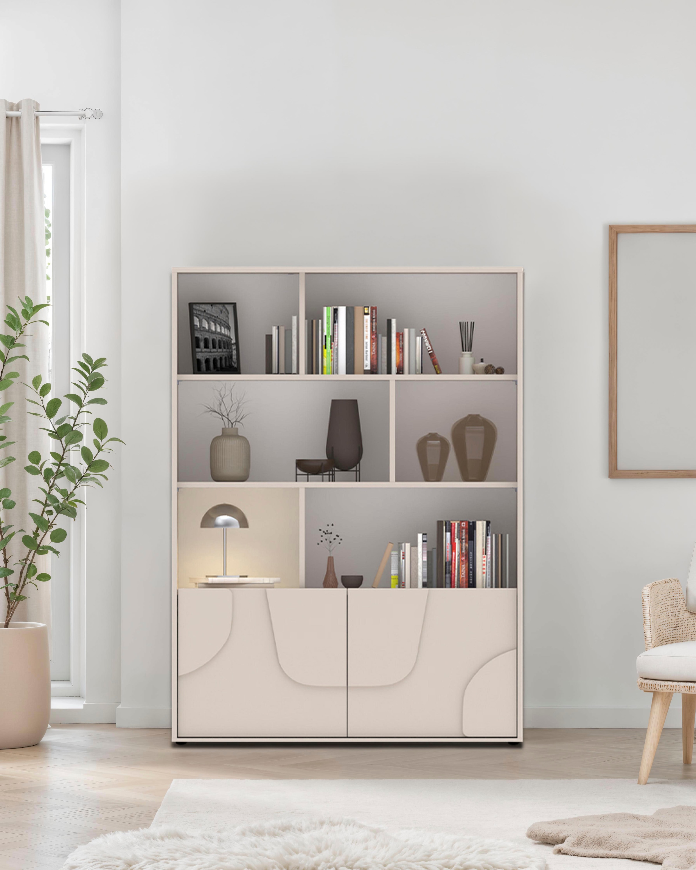 INOSIGN Highboard »Stone, H 155/141, B 105 cm, 2 Türen, 6 offene Fächer, Regal-Schrank« 3D-Design, Push-to-open, Stauraum dekorativ & praktisch, Füsse wählbar