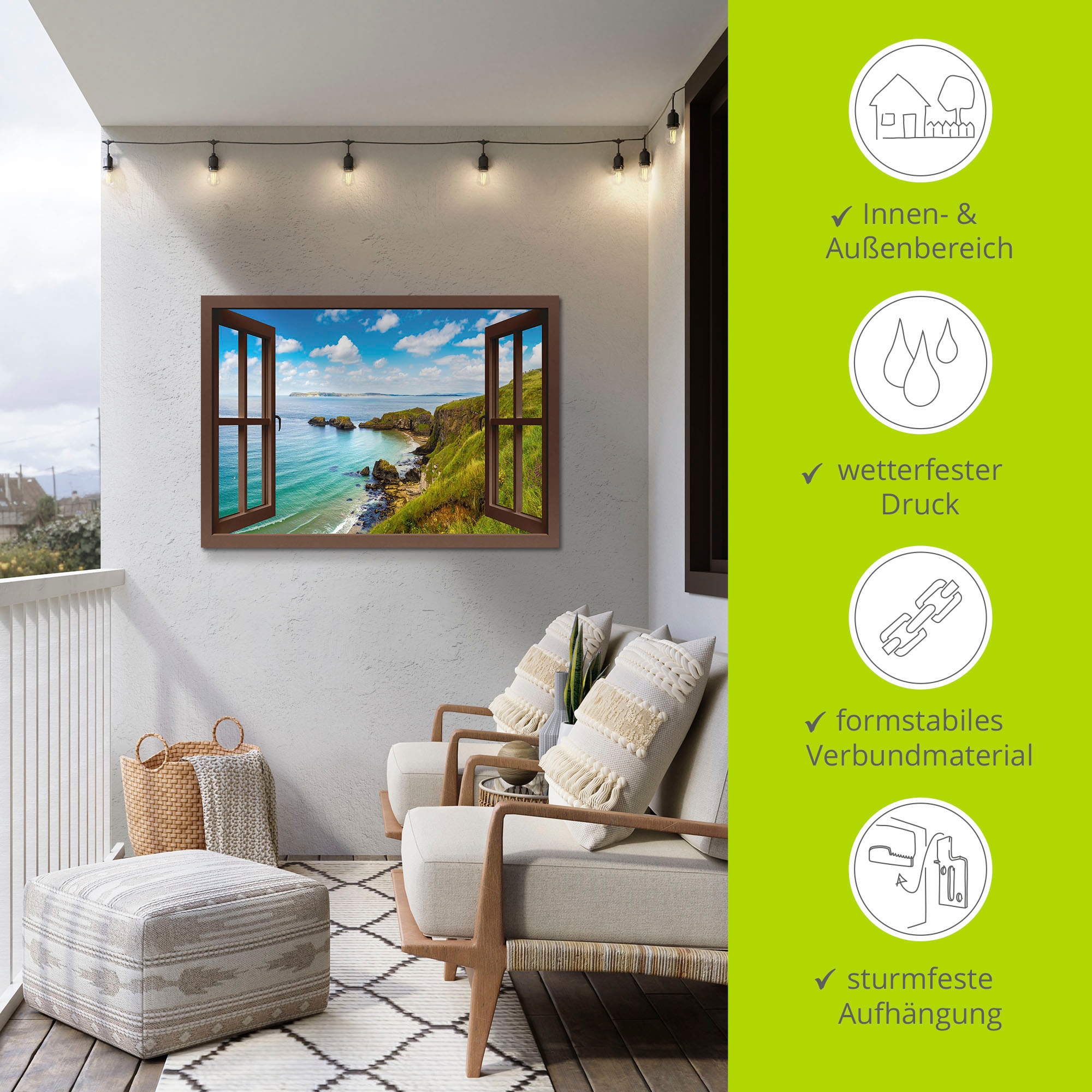 Artland Alu-Dibond-Druck »Küstenweg in Nordirland durchs Fenster« Meer Bilder 1 Stk. tlg. für Innen- und Aussenbereich geeignet, Outdoorbild