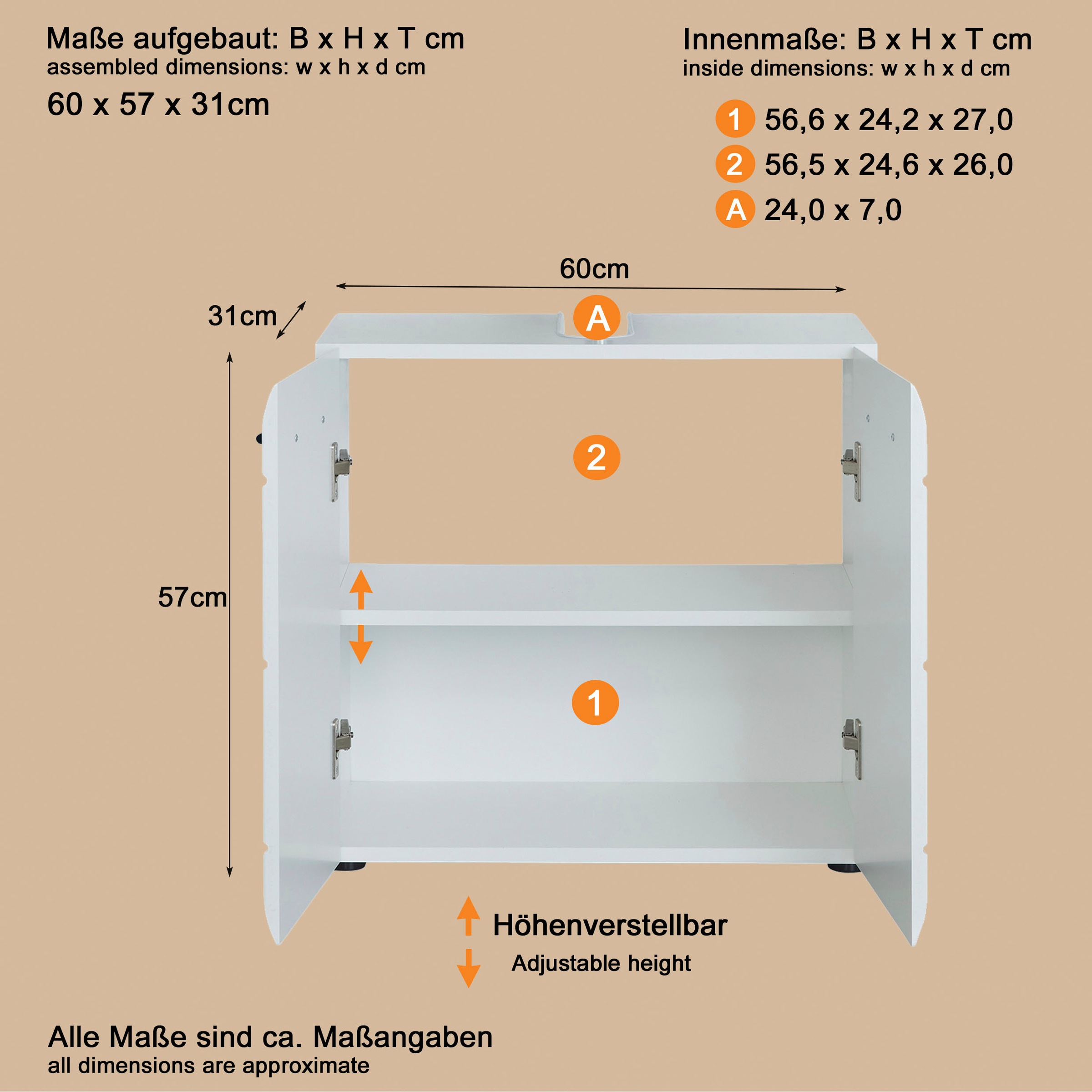 welltime Armoire sous lavabo »Sovana« meuble-lavabo avec compartiment réglable - dimensions (L/P/H) 60/31/56 cm