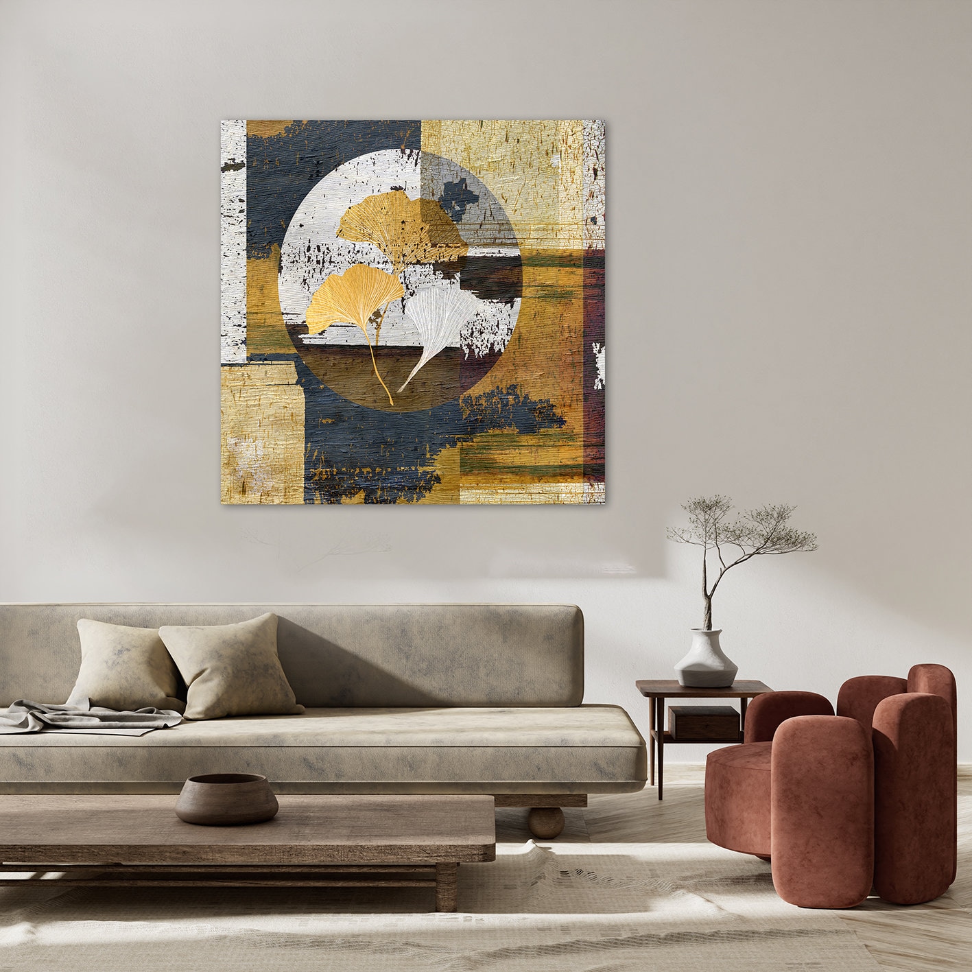 queence Peintures »Aluminium Bild Goldeffekt Abstrakte Collage Ginkgo« Abstrait | Formes | Images de fleurs Alu Dibond avec structure brossée pour un effet métal noble