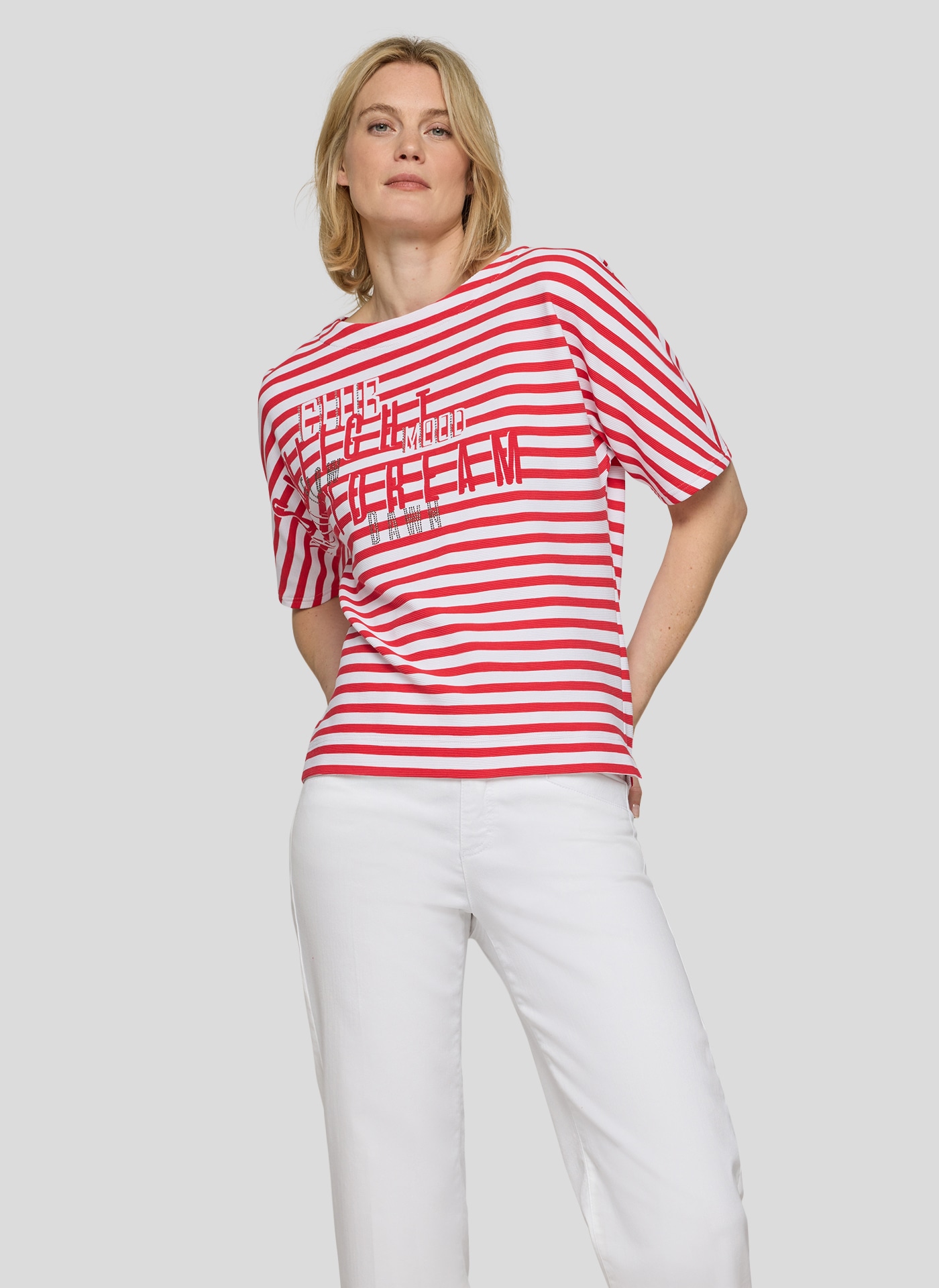 Rabe Shirt à col rond im Streifen-Look und mit Glitzer-Druck