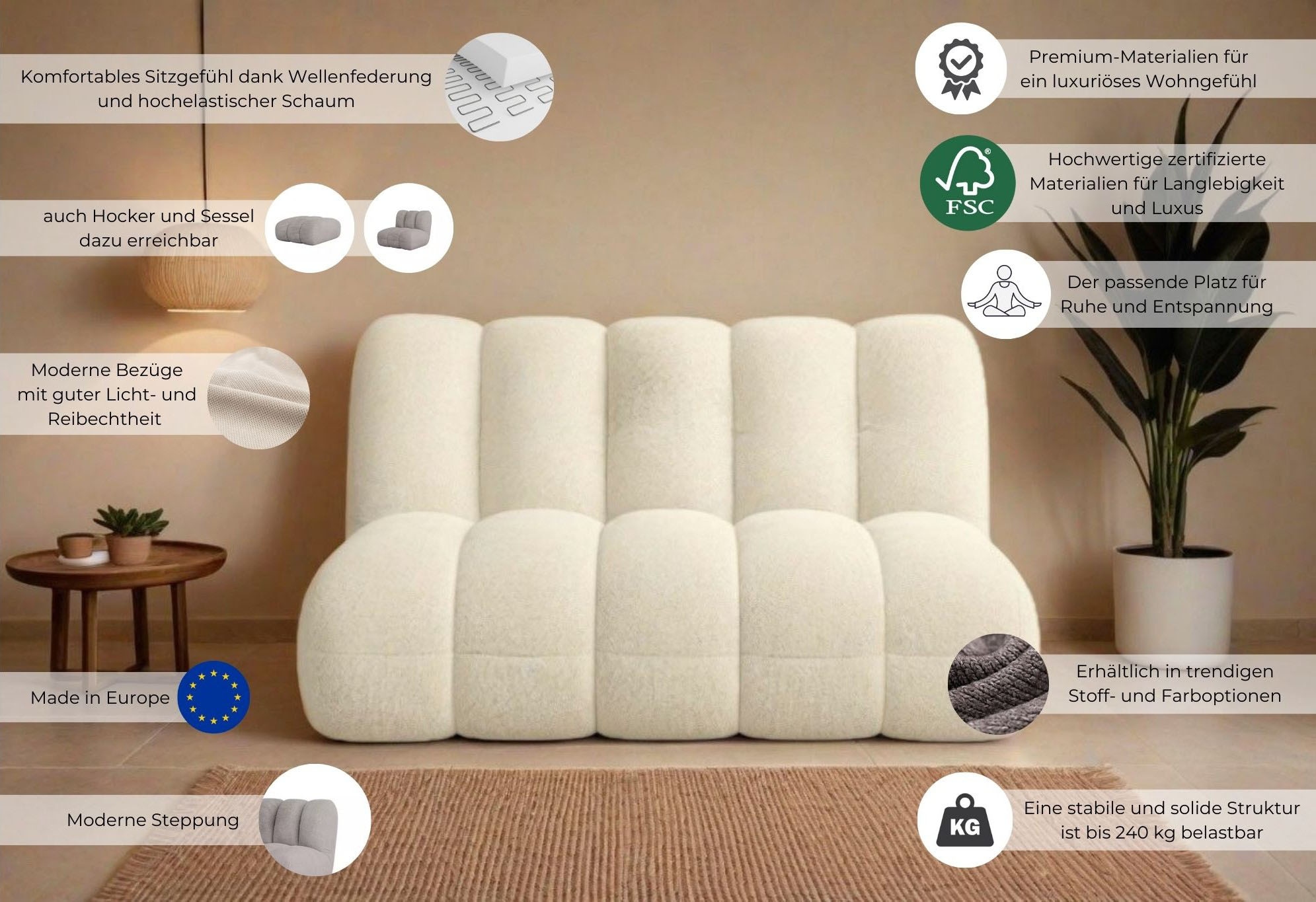 LeGer Home by Lena Gercke 2-places »Priya Designersofa, moderne Steppung, auch in Bouclé« confortable et moderne, L/P/H : 155/108/84 cm