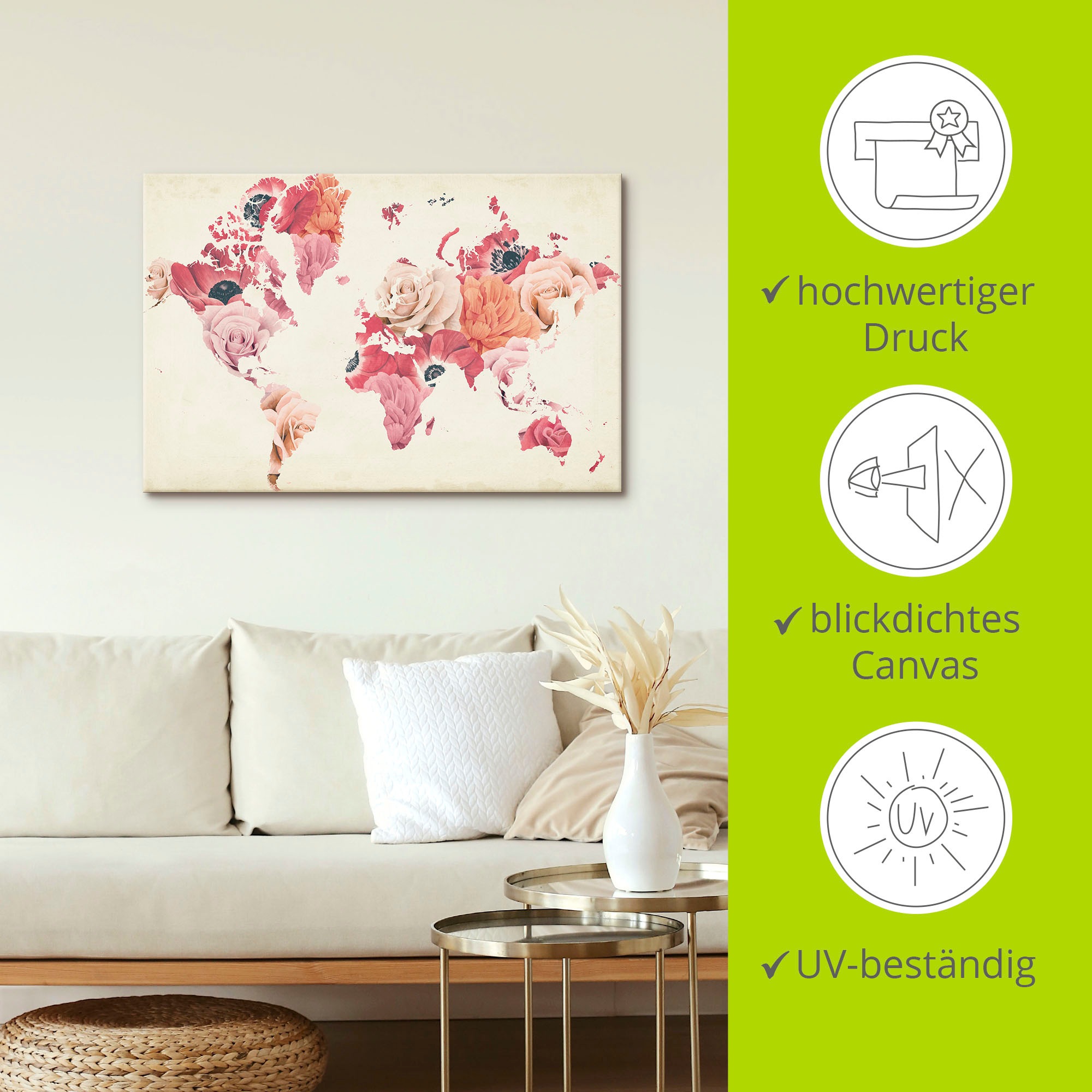 Artland Leinwandbild »Erde lacht in Blumen« Land- & Weltkarten 1 Stk. tlg. auf Holzrahmen gespannt