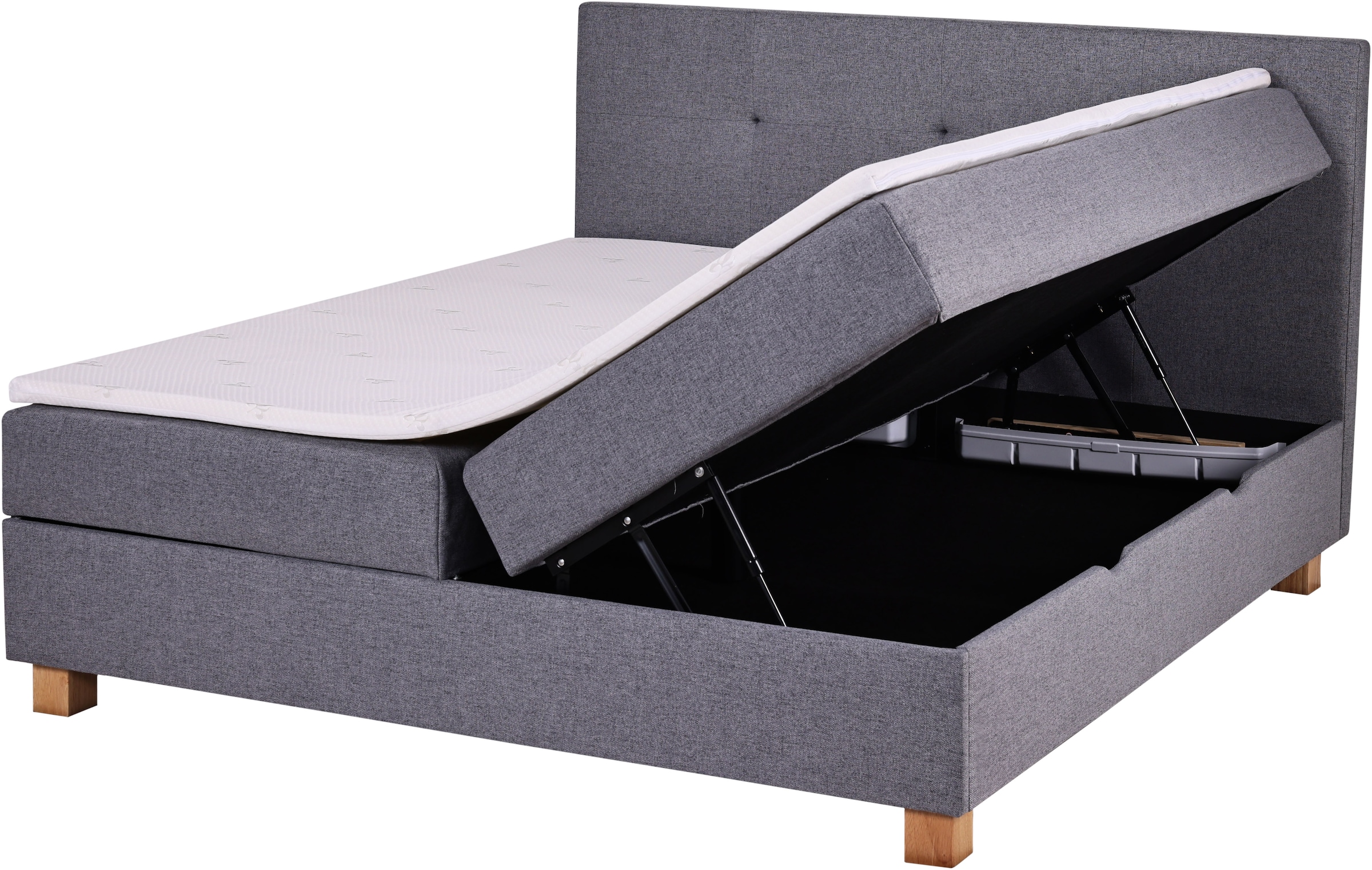 Home affaire Lit de boxe »Oyré inkl. Bettkasten, Topper und 2 gratis Kissen, 180x200 cm« mit Holzfüsse in eichefarben