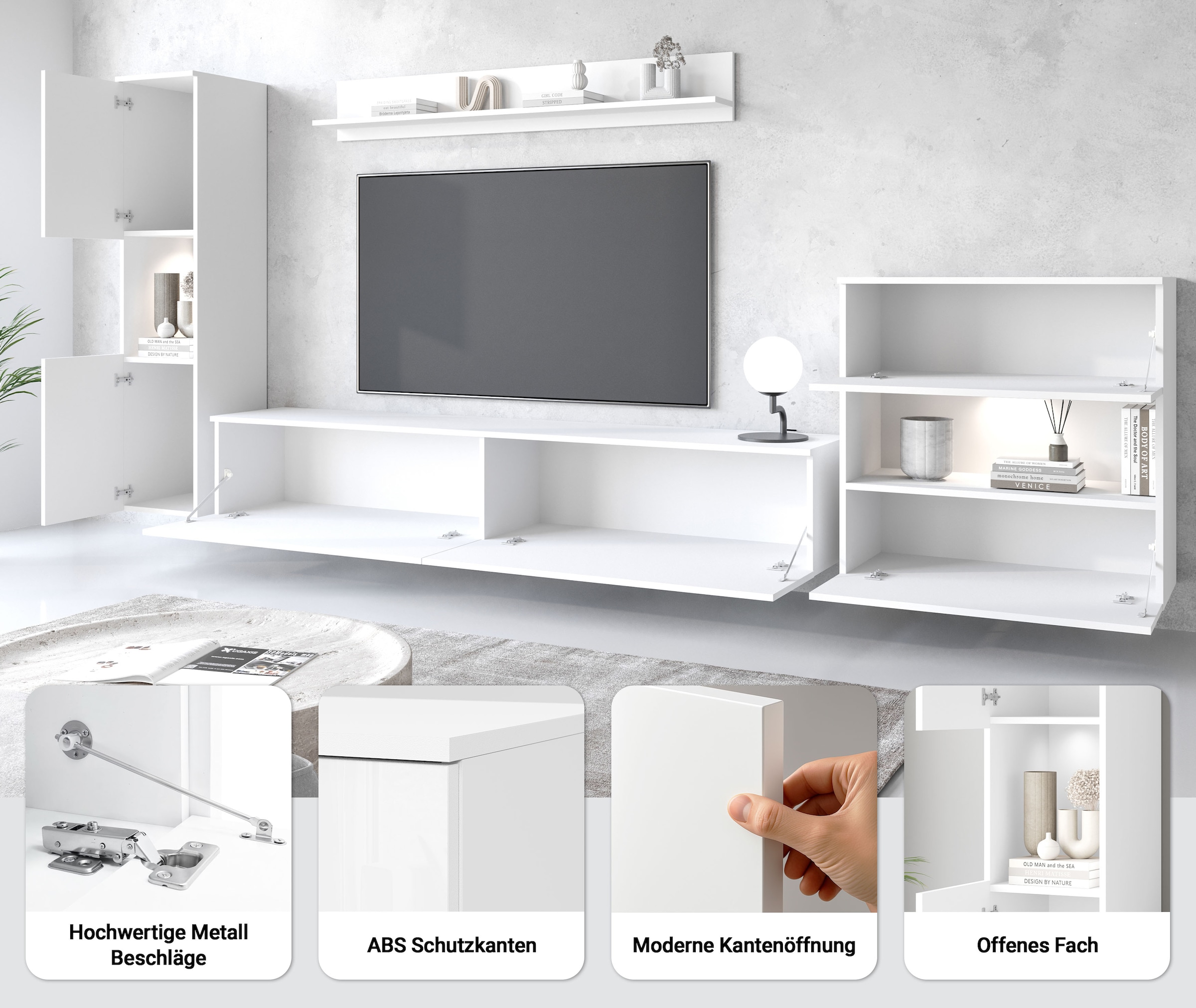 GOODproduct Wohnwand »PARIS, Vitrine Türanschlag links/rechts wechselbar« Komplett-Set, 4 Stk. tlg.
