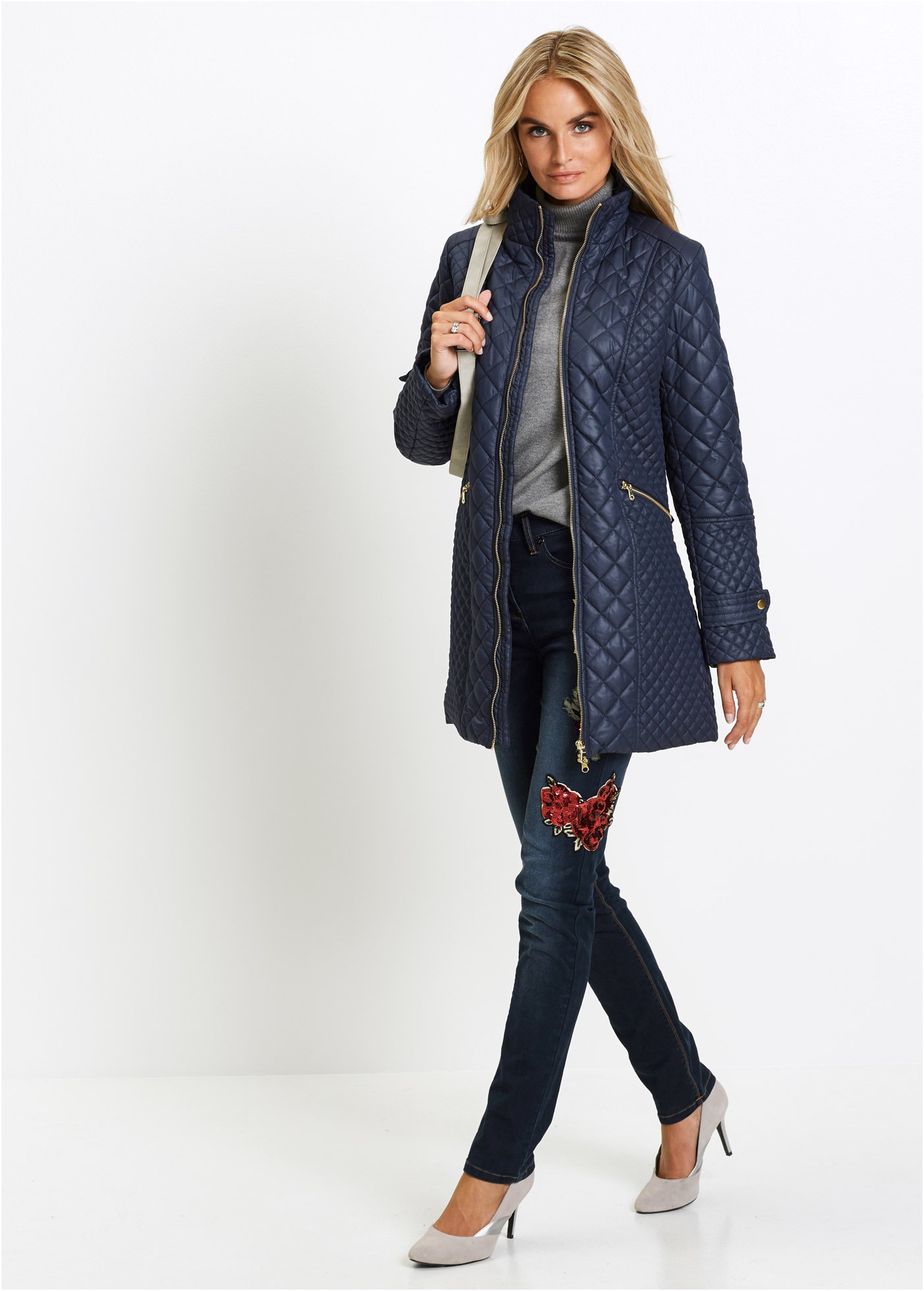 bonprix Manteau matelassé aus Polyester, figurumspielende Passform, mit Stehkragen, unifarben