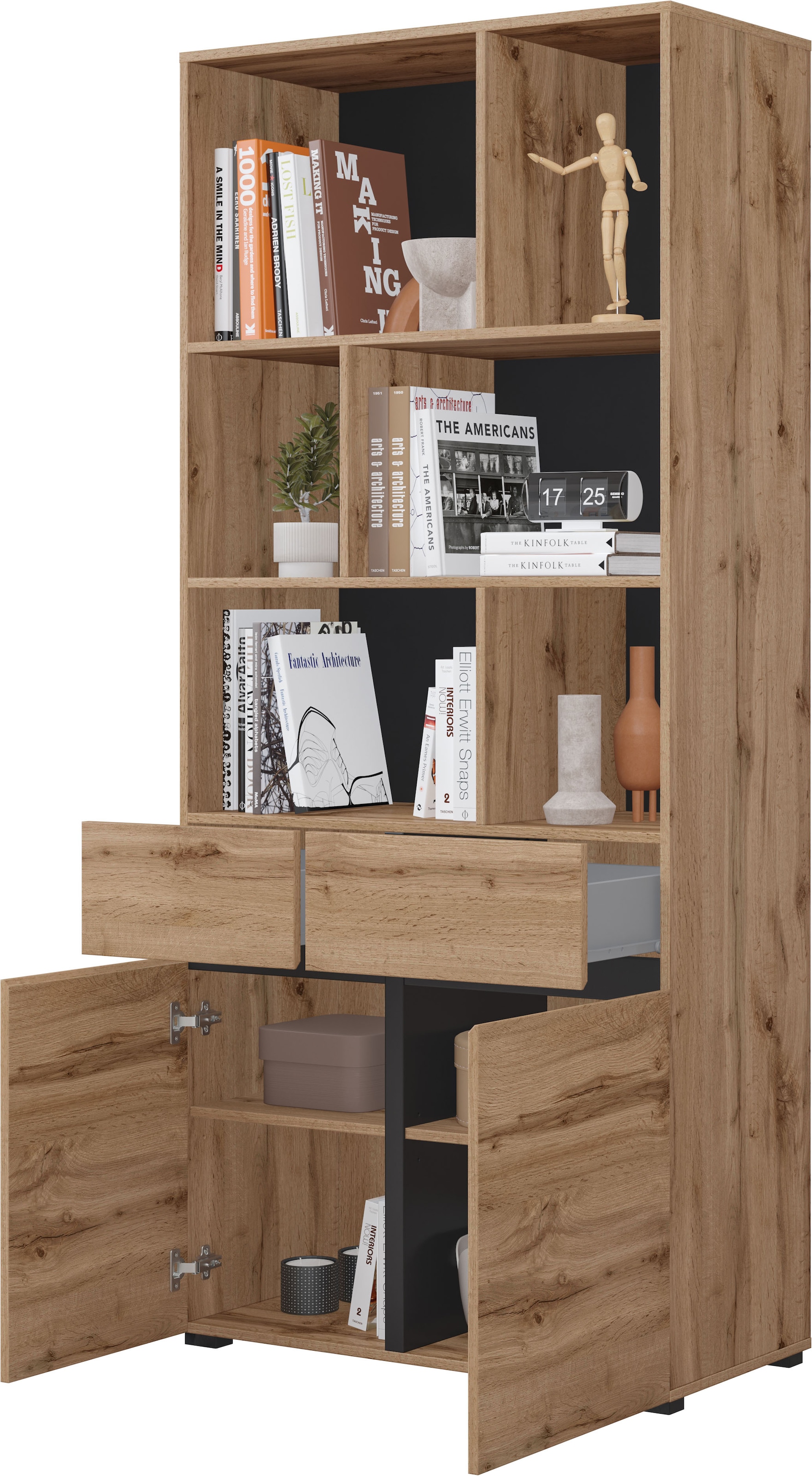 GOODproduct Armoire de classement »Cross, Breite 85 cm, modernem grifflose Standregal, Bücherregal« Étagère avec 6 compartiments ouverts, 2 tiroirs et 2 portes, étagère de bureau