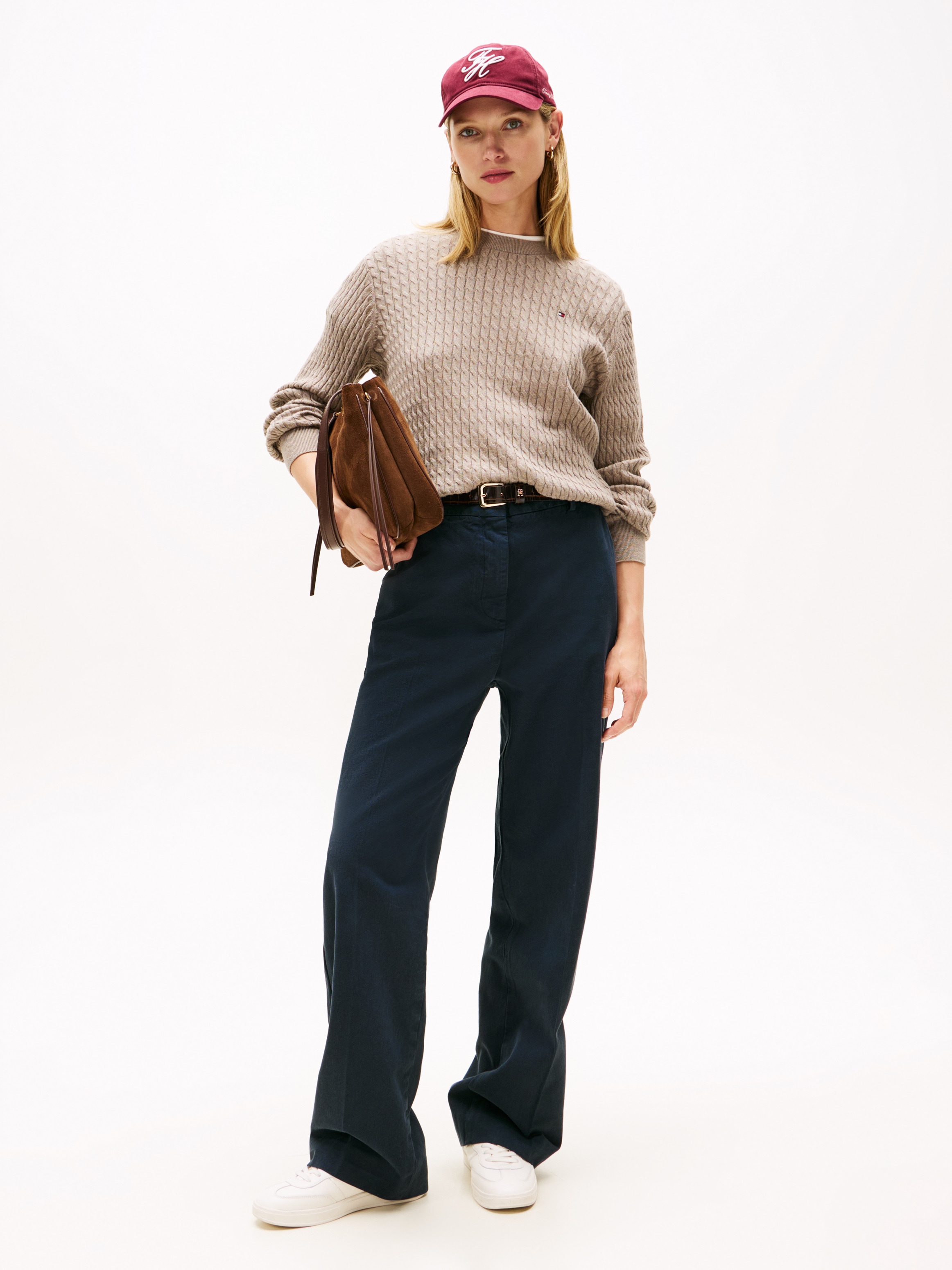 Tommy Hilfiger Rundhalspullover »CO CABLE C-NK LS SWEATER« Baumwolle, mit Zopfmuster