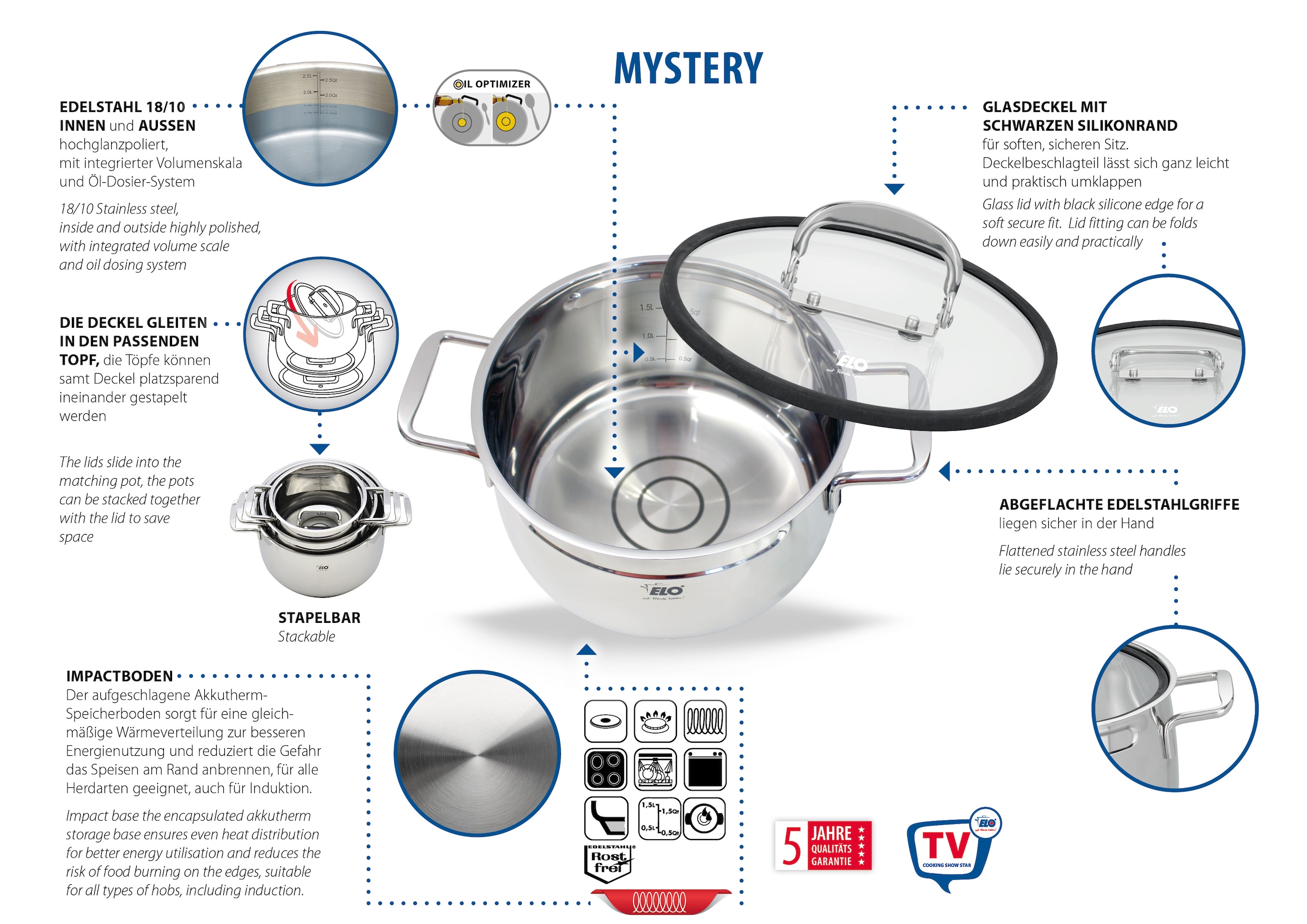 Elo Set de casseroles »Mystery« Ensemble, 1 casserole à viande avec couvercle Ø 16/20/24 cm, 6 cuis tlg. Acier inoxydable 18/8