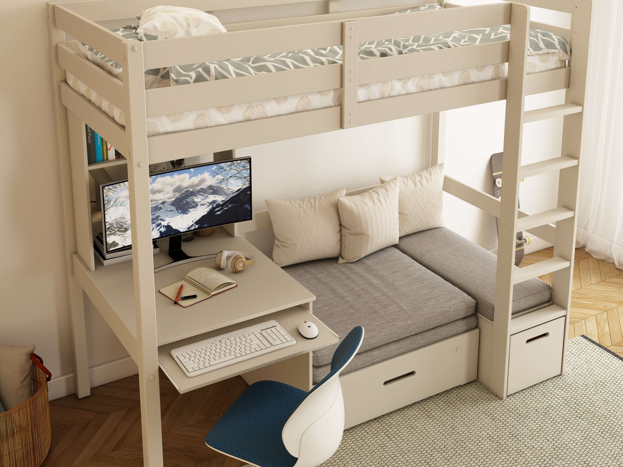 GOODproduct Etagenbett »HENNE' TOPSELLER! Hochbett, Ideal für kleine Räume, 2 Schlafplätze« zweiter Schlafplatz ausziehbar, B/H/T ca. 208/180/105cm,  mit Polsterauflagen, Schreibtisch, Stauraum, seitenverkehrt montierbar