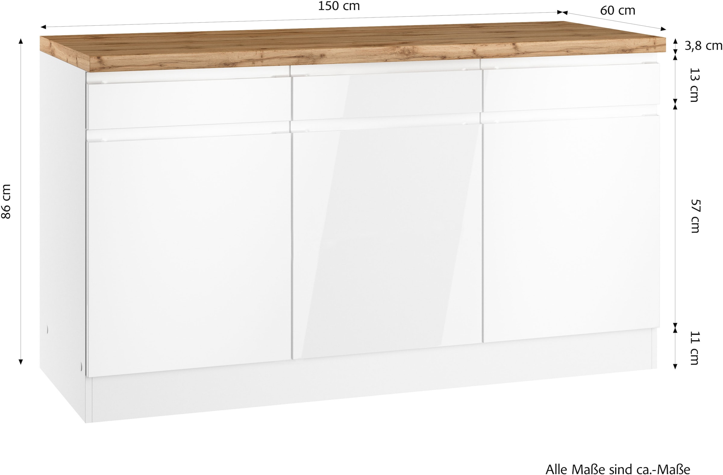 KOCHSTATION Armoire basse »KS-Virginia,neu in verbesserter Ausführung« Rangement, Softclose,  Largeur 150 cm, 3 portes, fonction soft-close