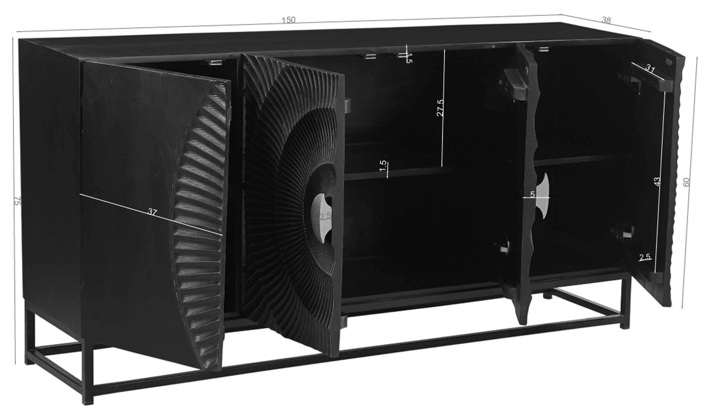 SIT Sideboard »Ljubljana aus Mango massiv mit Schnitzmuster & Goldgriff« 1 Stk. tlg. 4 Türen mit Schnitzfront & goldenem Griff im Metallgestell