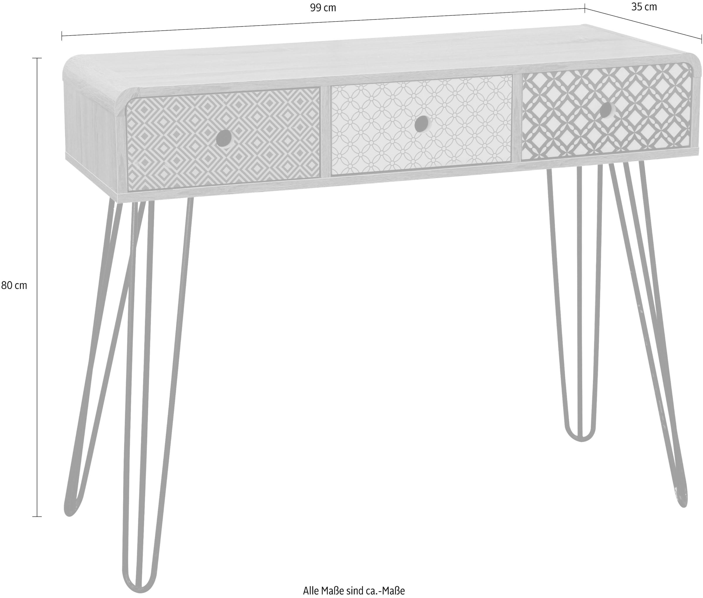 SIT Table console »Hvar im Scandi-Shabby-Chic mit 3 grifflosen Schubladen« Surface blanche lavée avec façades bleu-blanc aspect vintage