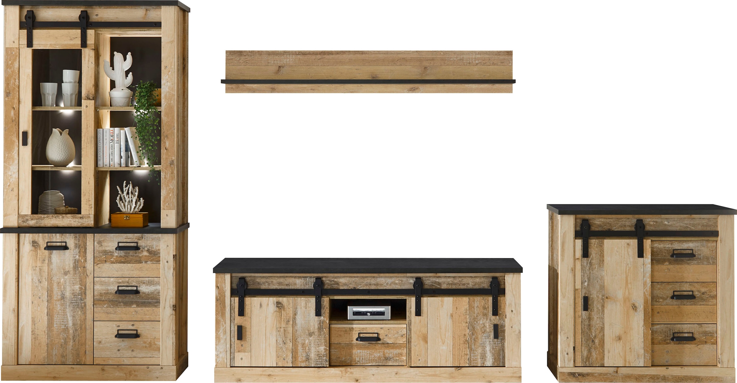 Home affaire Meuble mural »Sherwood, Anbauwand im Industrial-Style, Komplettset, Wohnzimmer-Set« 4 cuis tlg.