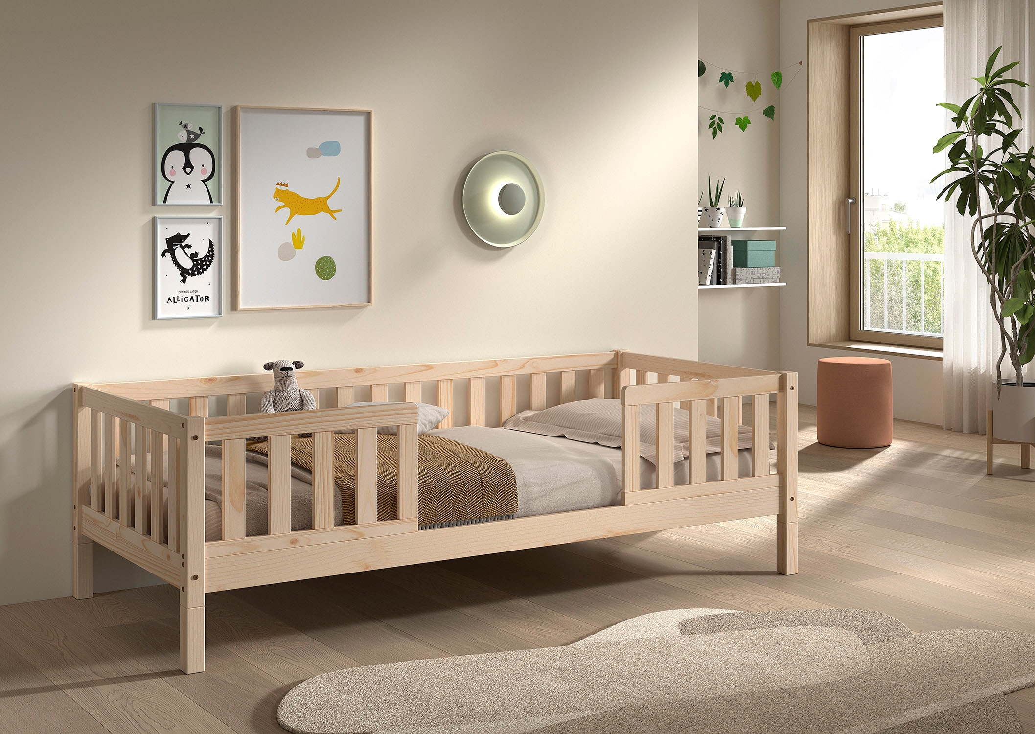Vipack Lit d'enfant »Dallas, massiv Bett, Rausfallschutz, umbaubar vom Boden- zum Daybett« Incl. sommier à lattes roulantes et cadre à barreaux, largeur 90 ou 140x200 cm,  construction stable et solide, en pin massif naturel ou blanc au choix