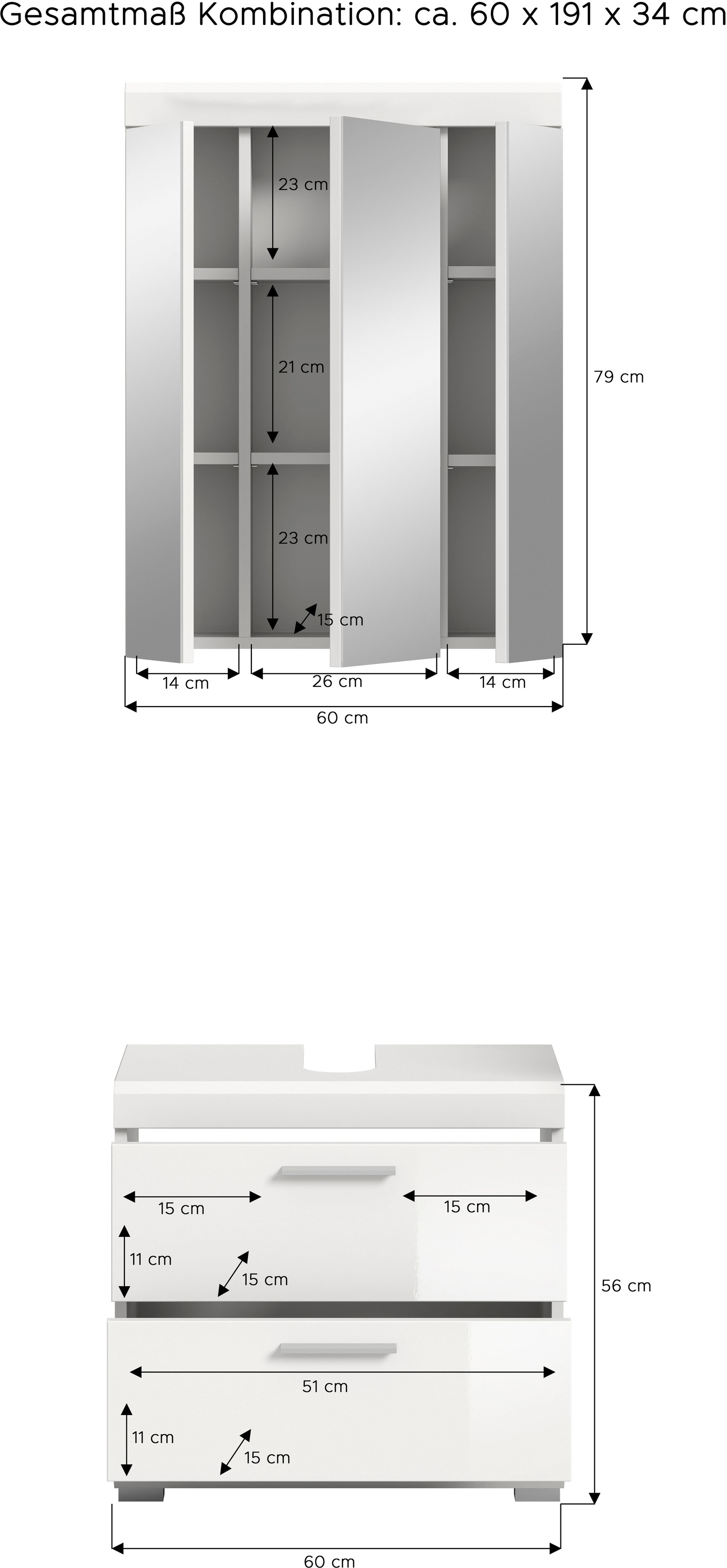 welltime Ensemble de meubles de salle de bain »SIENA, 2 tlg., bestehend aus: Waschbeckenunterschrank, Spiegelschrank« Ensemble, BEST-SELLER !, 2 cuis tlg.