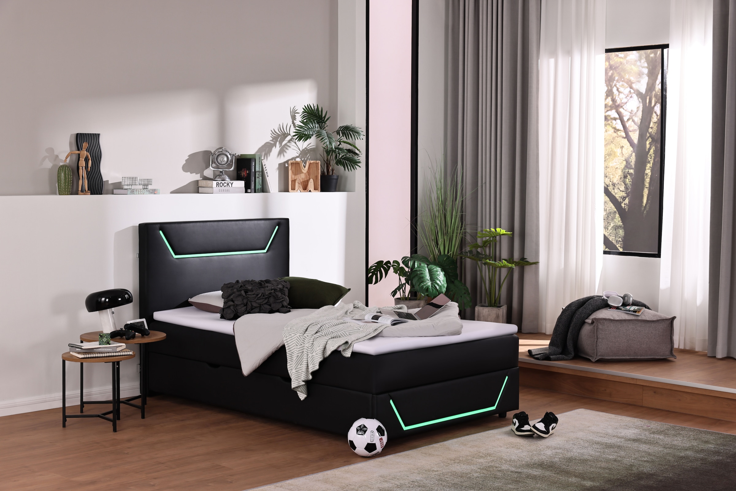 Home affaire Boxbett »GALAXY inkl. Bettkasten, mit grüner LED-Beleuchtung, Breite: 120cm« Gamingbett mit Kunstlederbezug in schwarz, inkl. Topper