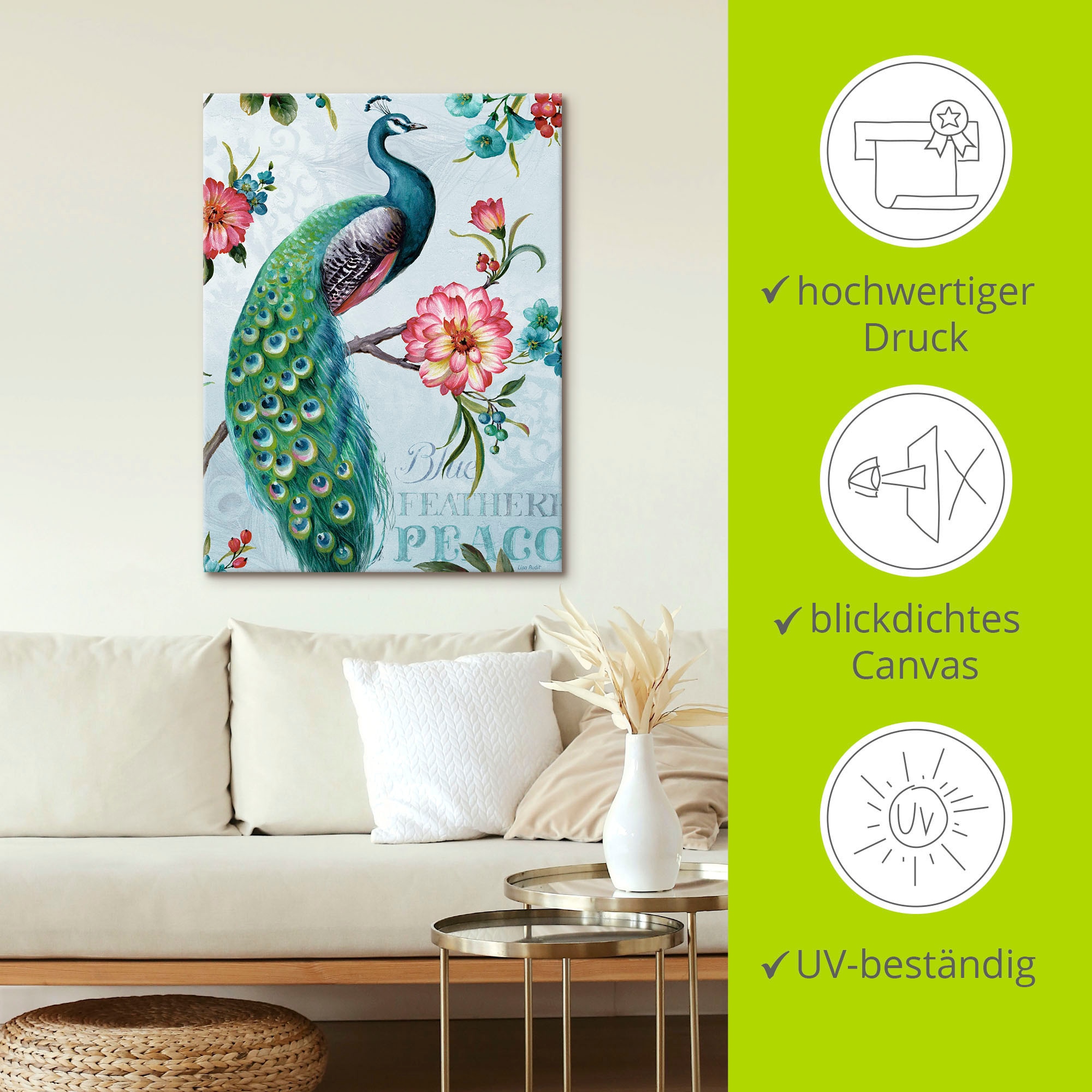 Artland Tableau sur toile »Blau gepfederter Pfau« 1 cuis tlg. auf Holzrahmen gespannt