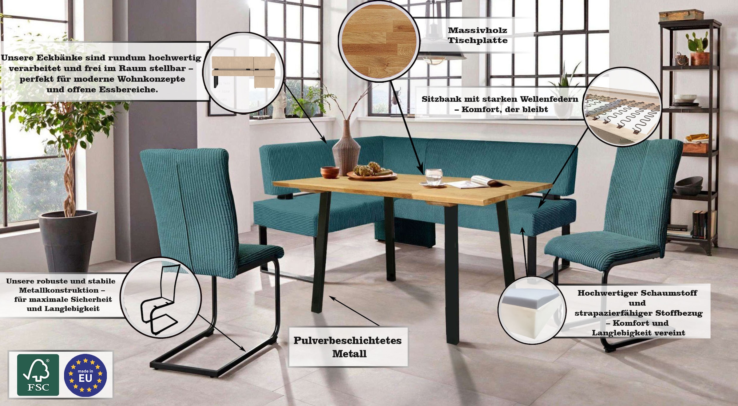 GOODproduct Banc d'angle »Oliver mit Metallgestell, Küchenbank« verschiedene Bezüge Cord Esszimmerbank OTTOs Choice