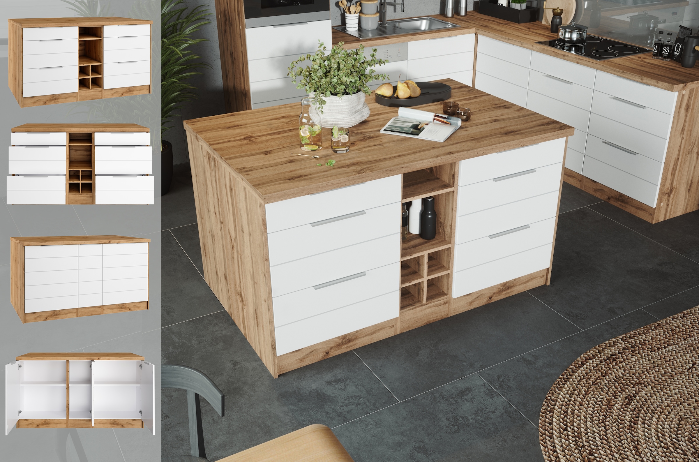KOCHSTATION Ilot de cuisine »KS-Luhe, Breite 153 cm, mit Flaschenregal« façades MDF, plan de travail épaisseur 38mm