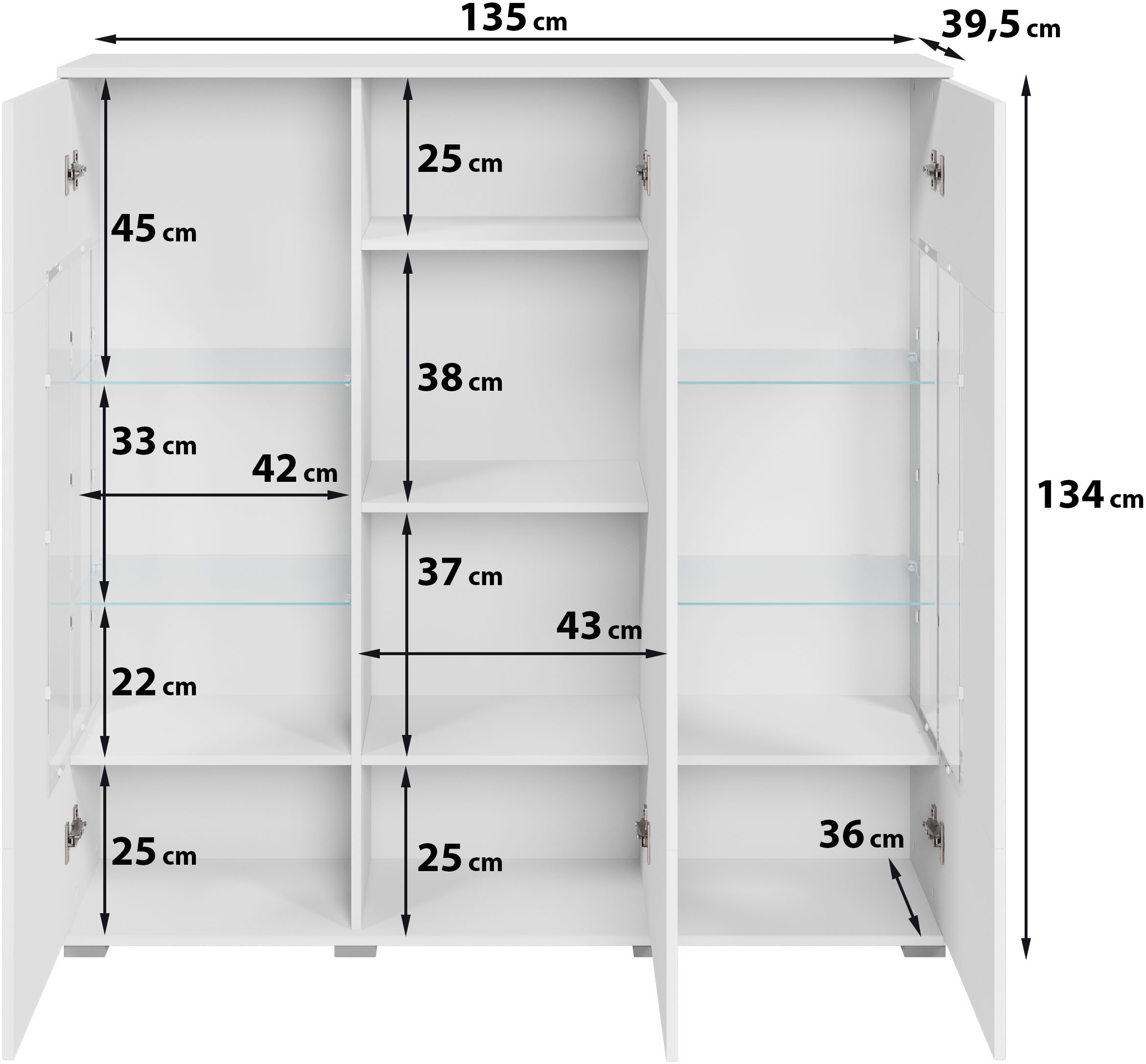 GOODproduct Buffet haut »Kenia« 1 cuis tlg. Buffet moderne, avec portes en verre, largeur 135 cm
