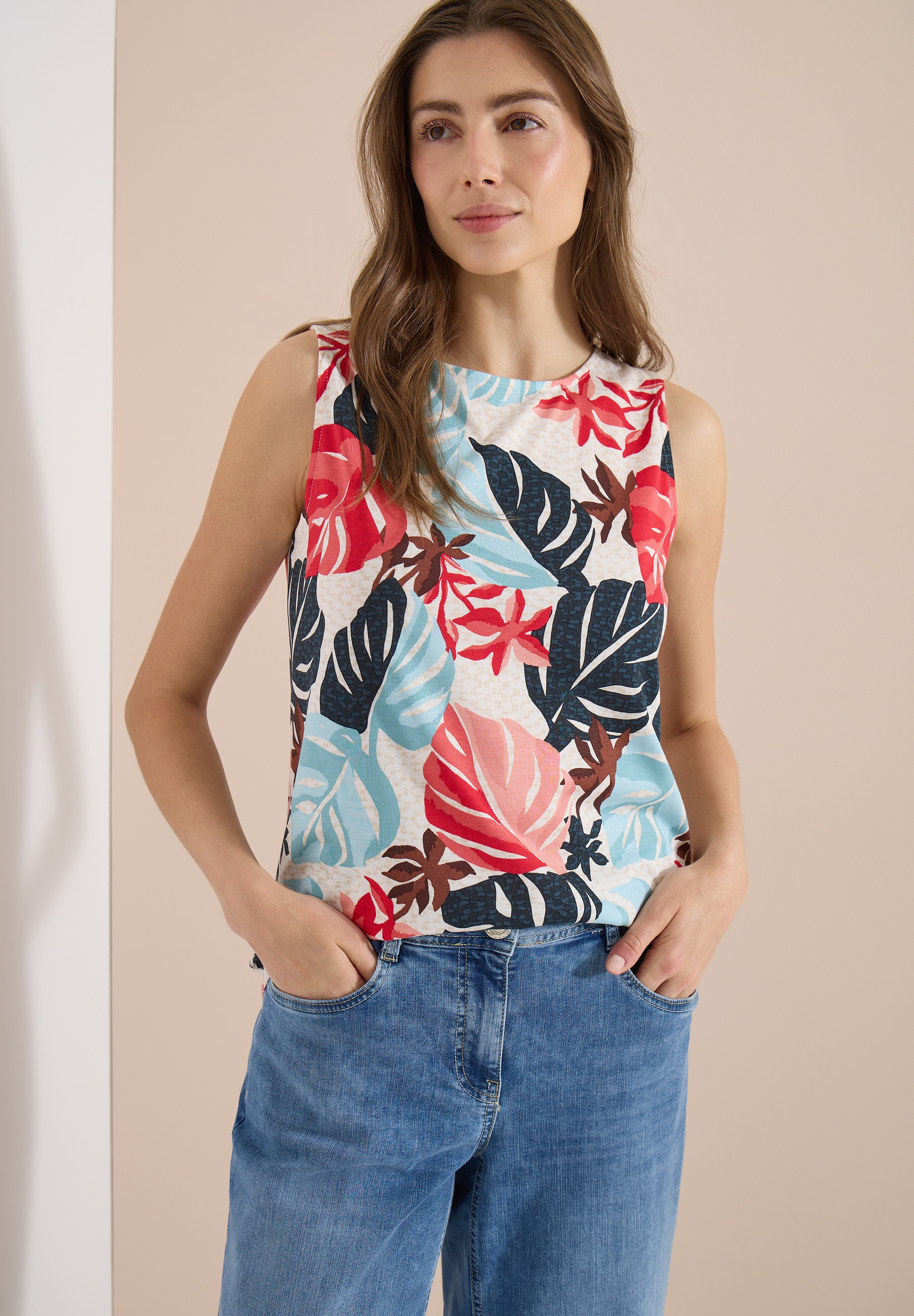 Cecil Shirttop Sommertop mit Rundhals und Blätterprint